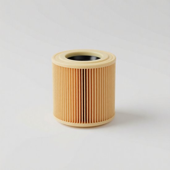 Cilindervormig geel filter voor een stofzuiger met zwarte bovenkant.