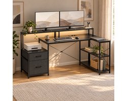 REDOM - L-vormig gaming bureau - LED-verlichting - Dubbele monitorstandaard - USB-C en stopcontacten - Opbergruimte - Metaal en spaanplaat - Zwart - 165 x 80 x 91,5 cm