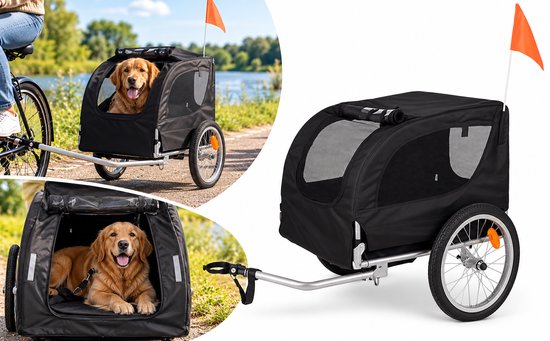 Zwarte hondenfietskar met gaasvensters, veiligheidsvlag en een gouden retriever binnenin.