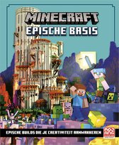 Minecraft Epische basis boekcover met een groot wit kasteel, Steve en andere personages tegen een turquoise achtergrond.