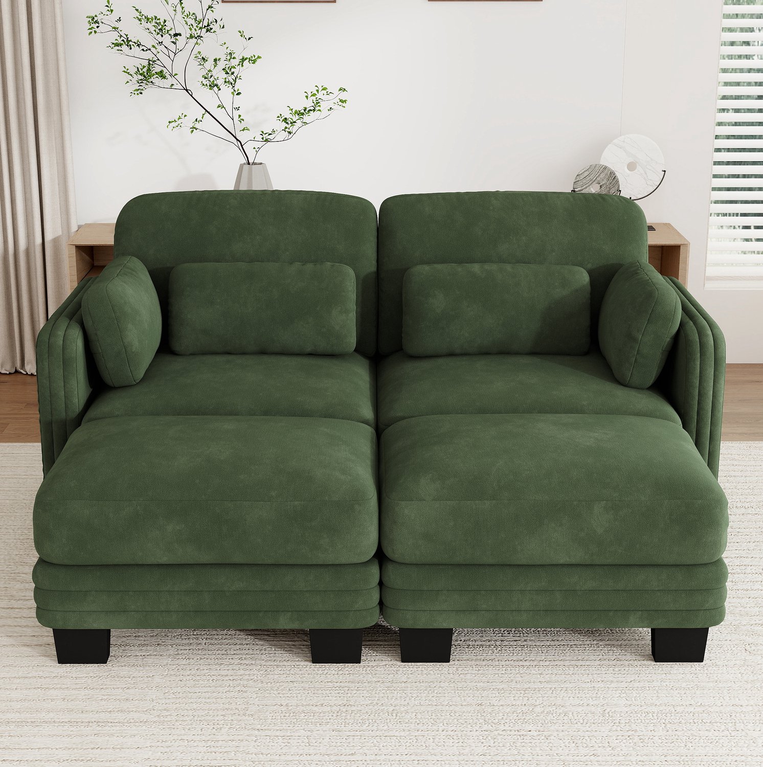 MODENUIT U-Bank 176 x 143 x 88 cm - 2-Zits Modulair Met Twee Voetenbanken - Woonkamer - Chenille - Groen