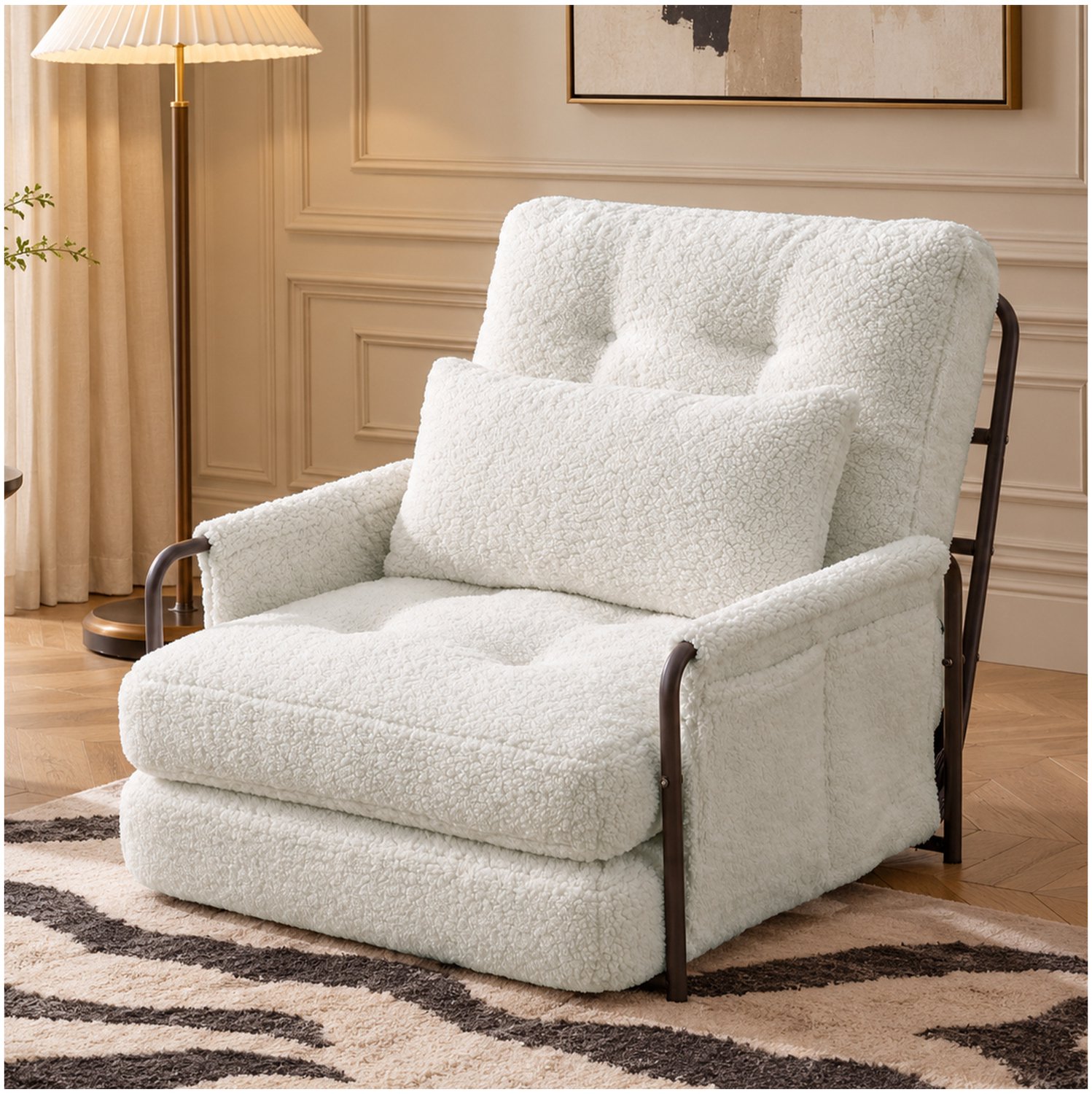 FloraGrace Opklapbare Fauteuil 78 x 75 x 106 cm - Drie Standen en Verstelbare Rugleuning - Voor Kleine Ruimtes - Teddystof - Beige
