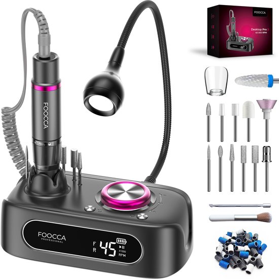 FOOCCA Desktop Pro 2 nagelfrees met display, LED-lamp en uitgebreide set van 12 bitjes en 65 schuurrolletjes.