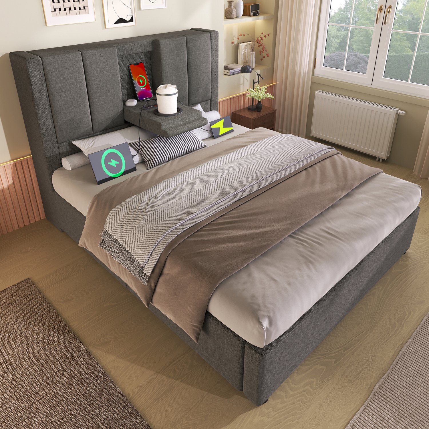MUVANO Gestoffeerd eenpersoonsbed 90x200 cm - Opbergbed met hydraulisch hefmechanisme - Linnen - USB-oplaadstation en bekerhouder - Slaapkamer grijs