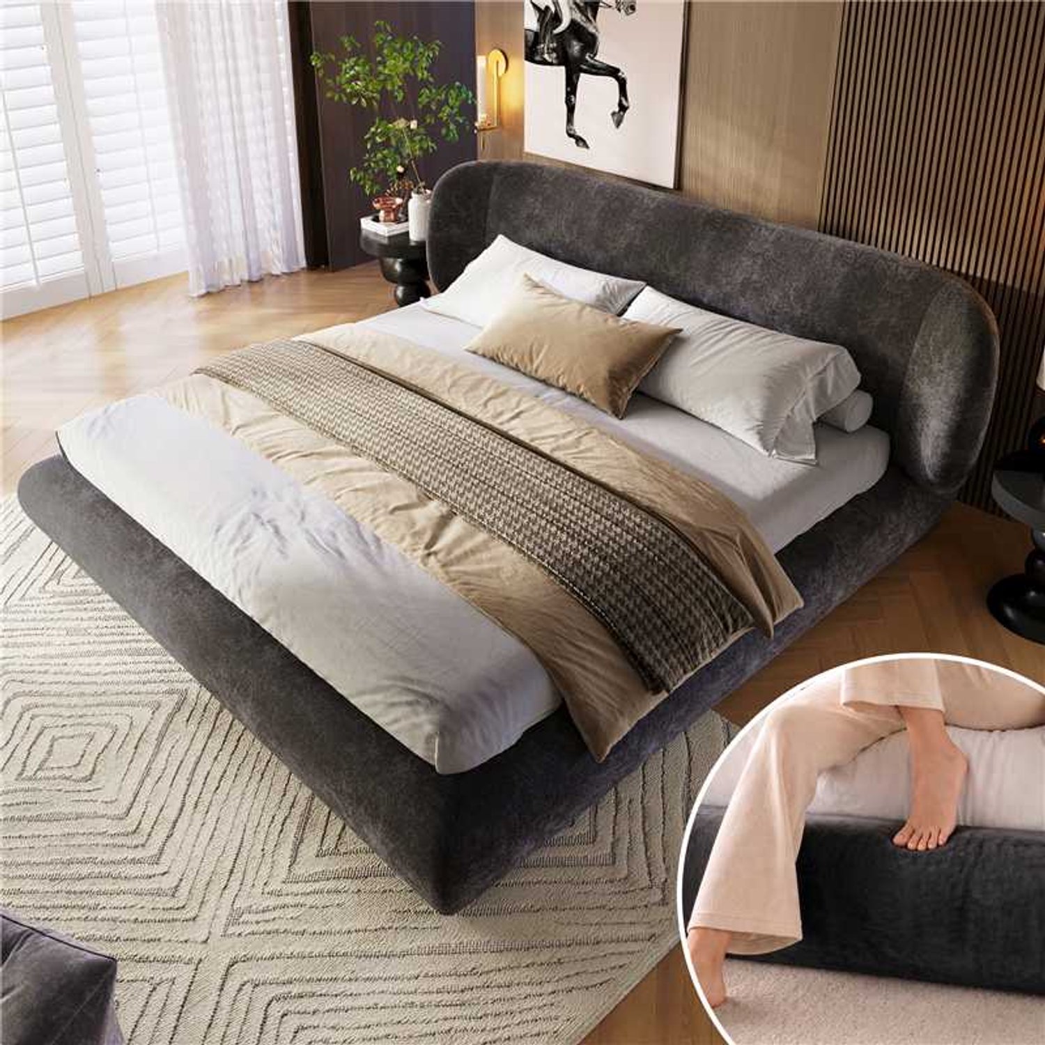 Clruro Tweepersoonsbed - 160x200 cm - Afgeronde Hoeken - met Lattenbodem - Chenille - Grijs