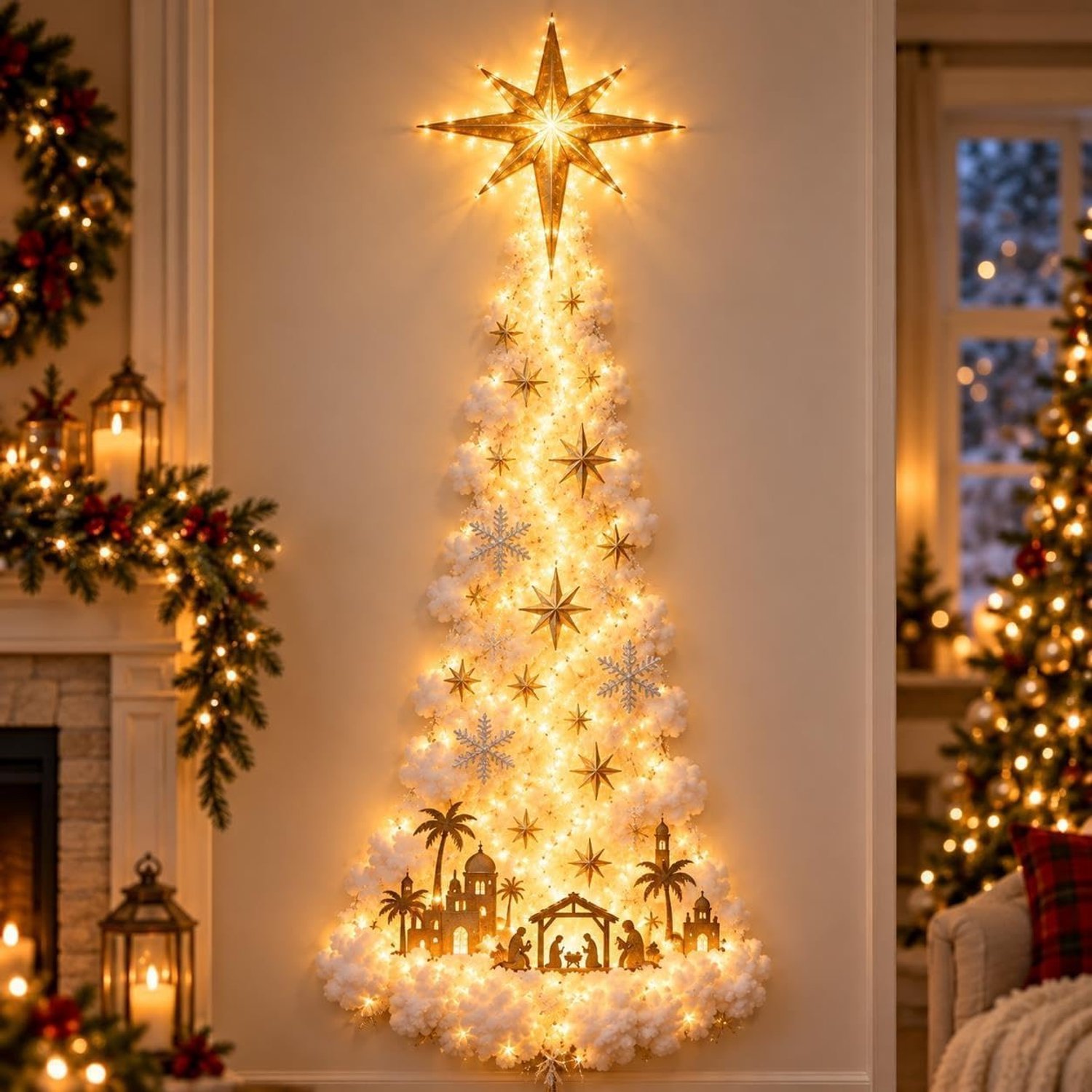 Kerstwandlamp - Verlichte Kerstdeurhanger - Kerstdeurhanger - Kerstversiering Wandlamp - Kerst Wandlamp - DIY Kerstdecoratie voor aan de Muur - Kerst Wanddecoratie - Geschikt voor muren, deuren, ramen en balkons - Sterrenpatroon