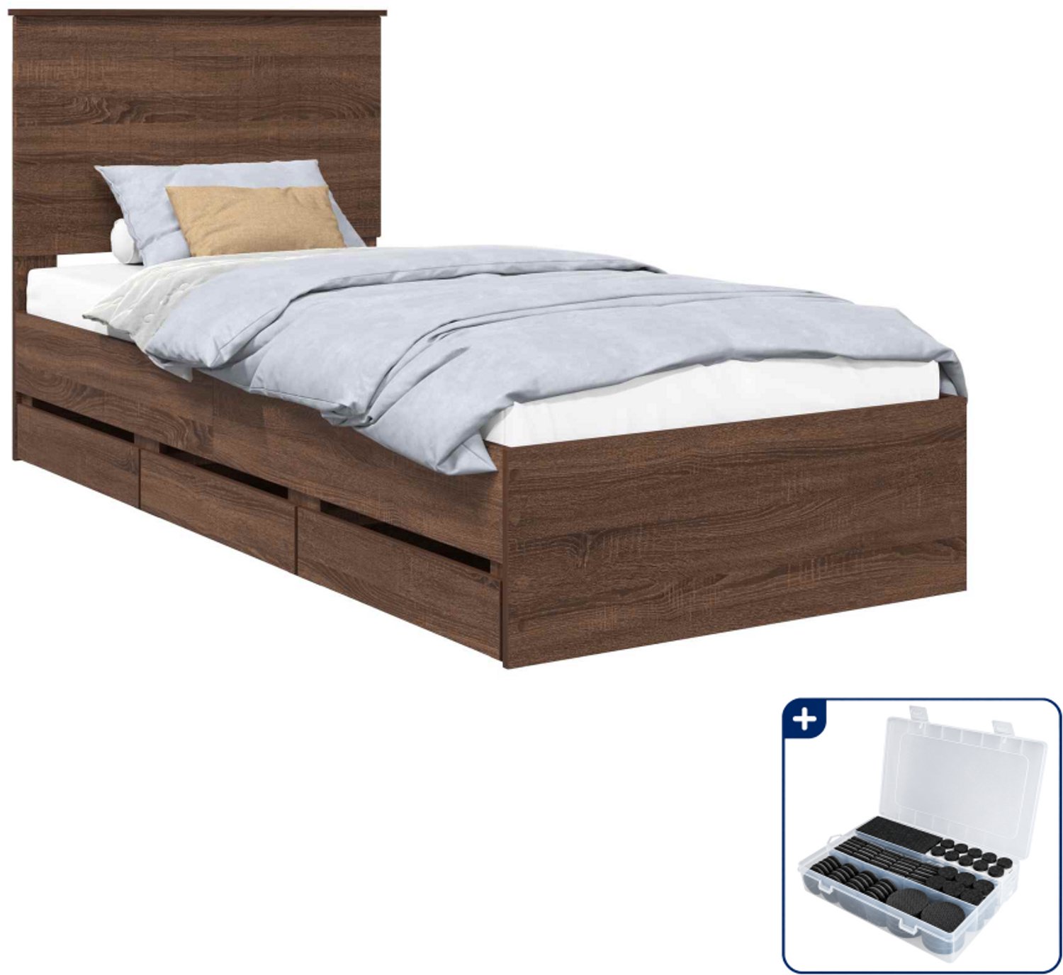 vidaXL bedframe met lade - 90 x 200 cm - bewerkt hout - bruin eiken - Inclusief antikrasvilt 177-delig Grijs