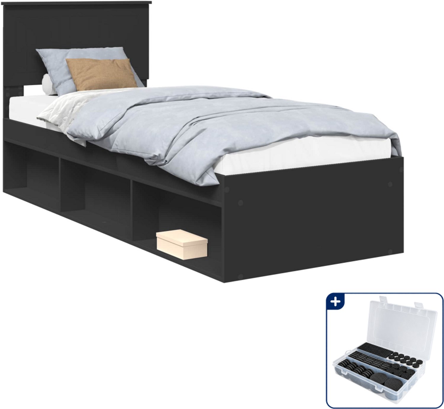 vidaXL Bedframe - 75 x 190 cm - zwart - Inclusief antikrasvilt 177-delig Grijs