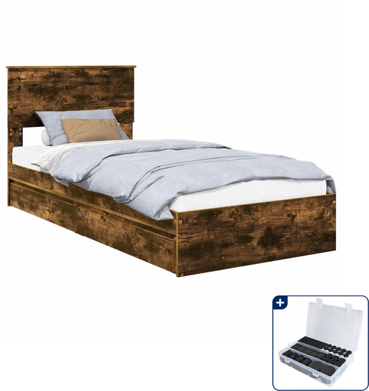 vidaXL bedframe - 90 x 190 cm - bewerkt hout - gerookt eiken - Inclusief antikrasvilt 177-delig Bruin
