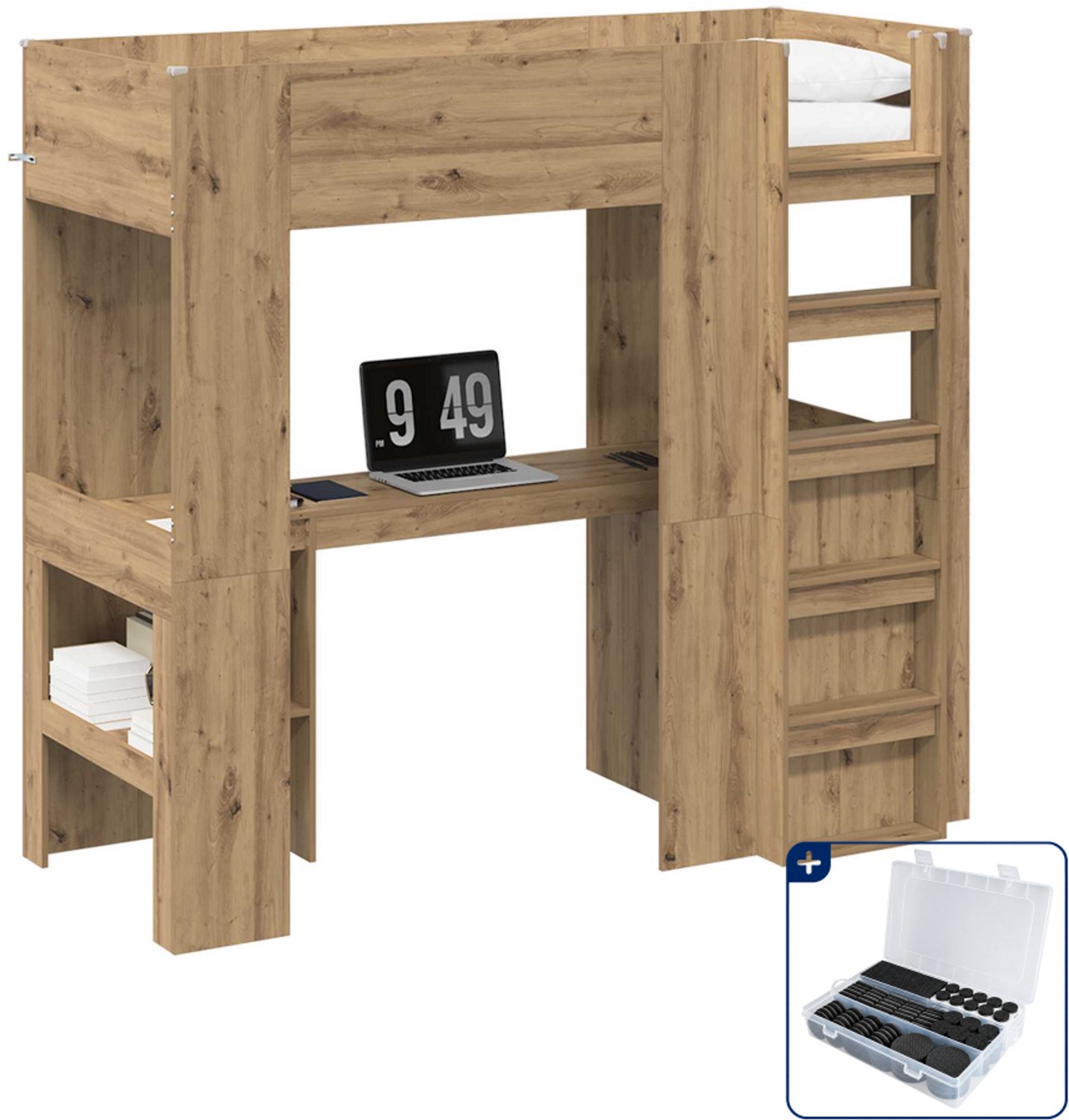 vidaXL loftbed met bureau - 75 x 190 cm - bewerkt hout - artisan eiken - Inclusief antikrasvilt 177-delig Bruin