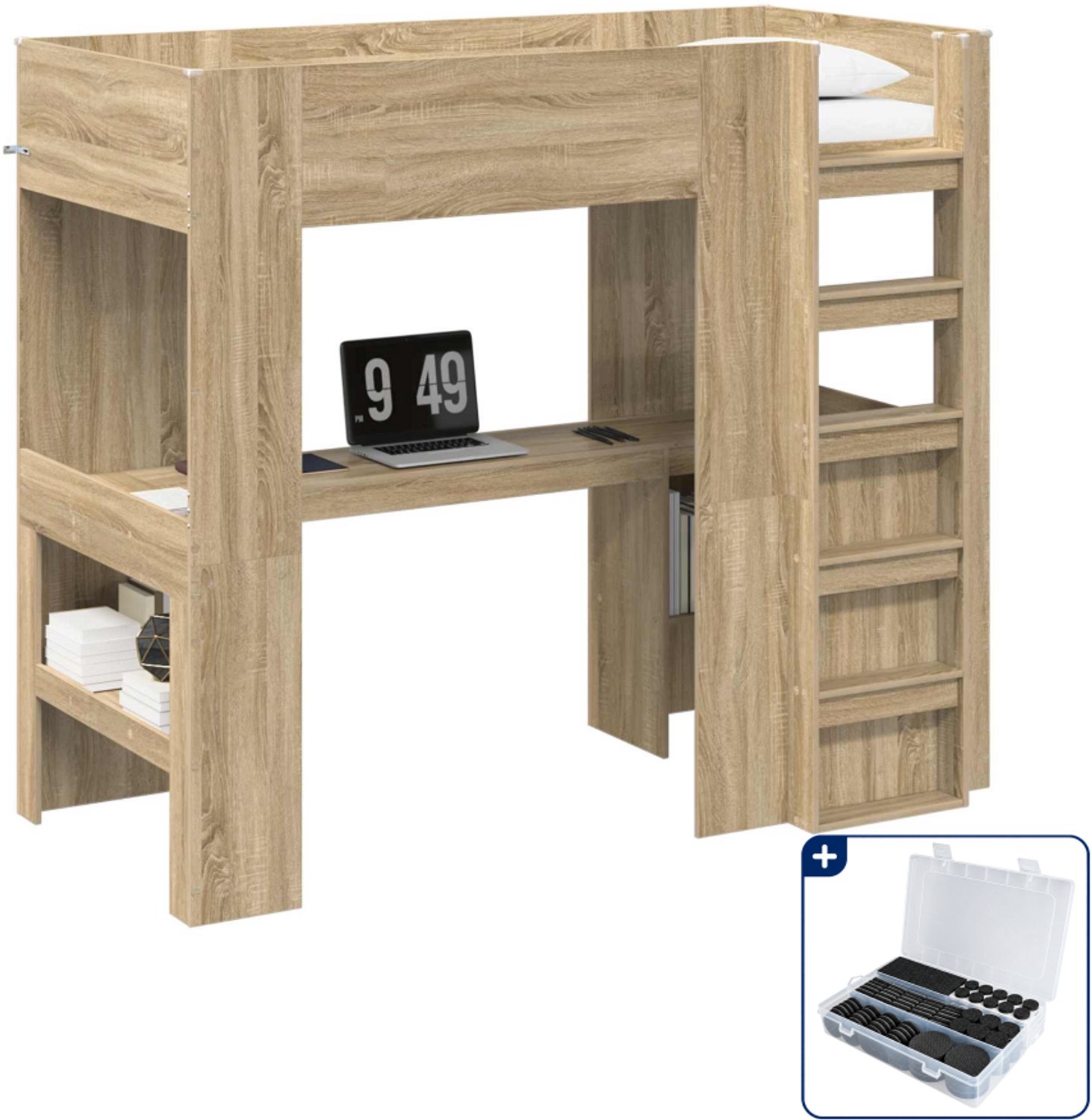 vidaXL loftbed met bureau - 90 x 190 cm - bewerkt hout - sonoma eiken - Inclusief antikrasvilt 177-delig Grijs