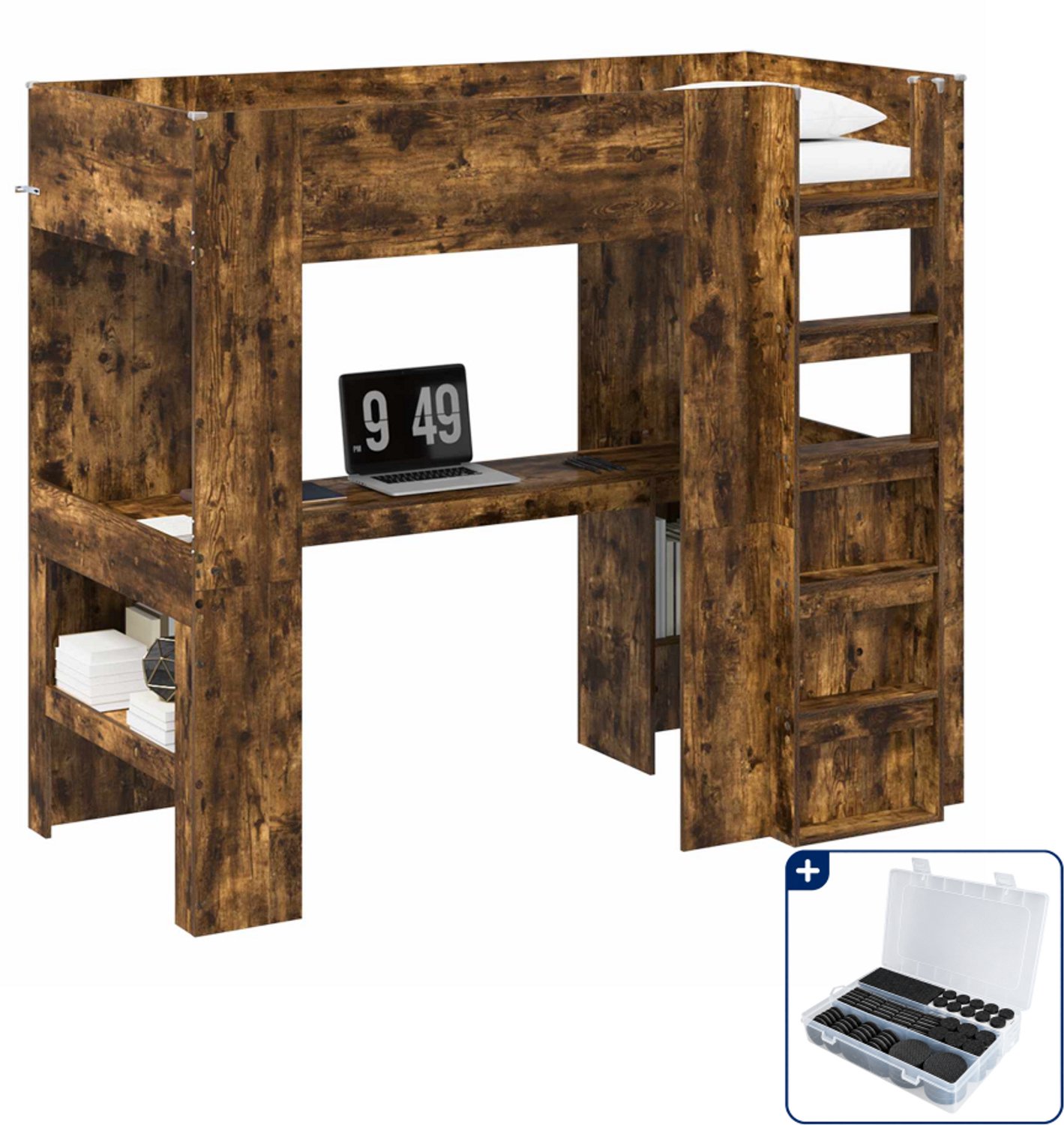 vidaXL loftbed met bureau en plank - 100 x 200 cm - bewerkt hout - gerookt eiken - Inclusief antikrasvilt 177-delig Bruin