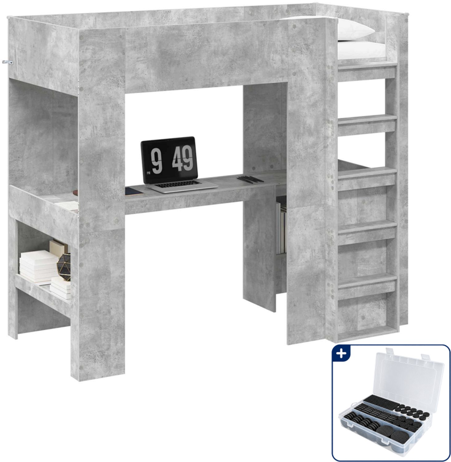 vidaXL loftbed met bureau - 100 x 200 cm - bewerkt hout - beton grijs - Inclusief antikrasvilt 177-delig