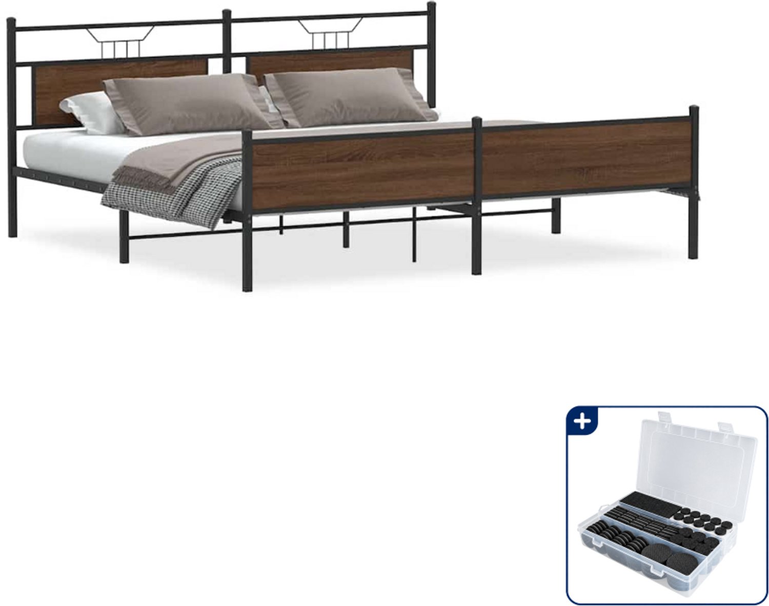 vidaXL bedframe - 200 x 200 cm - bruineiken - Inclusief antikrasvilt 177-delig Zwart