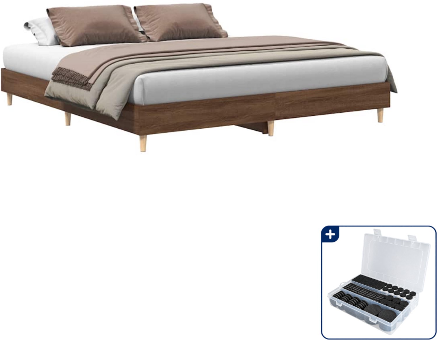 vidaXL bedframe - 200 x 200 cm - bewerkt hout - bruineiken - Inclusief antikrasvilt 177-delig Grijs