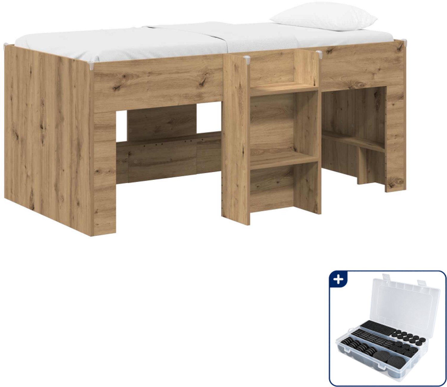 vidaXL kinder hoogslaper - 80 x 160 cm - bewerkt hout - eikenkleur - Inclusief antikrasvilt 177-delig Bruin