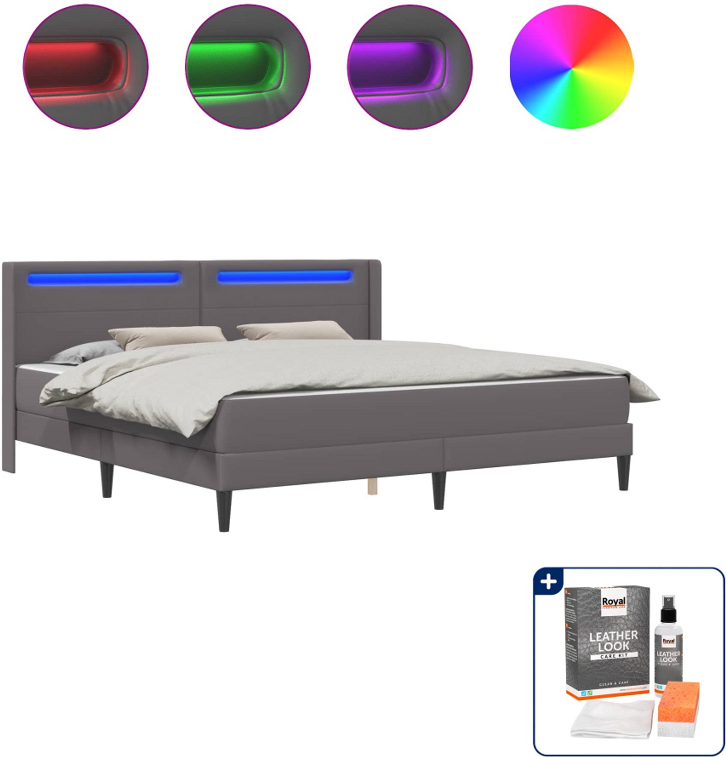 vidaXL Bed Kingsize - 180 x 200 cm - kunstleer - grijs - Inclusief onderhoudsset voor kunstleer 150 ml