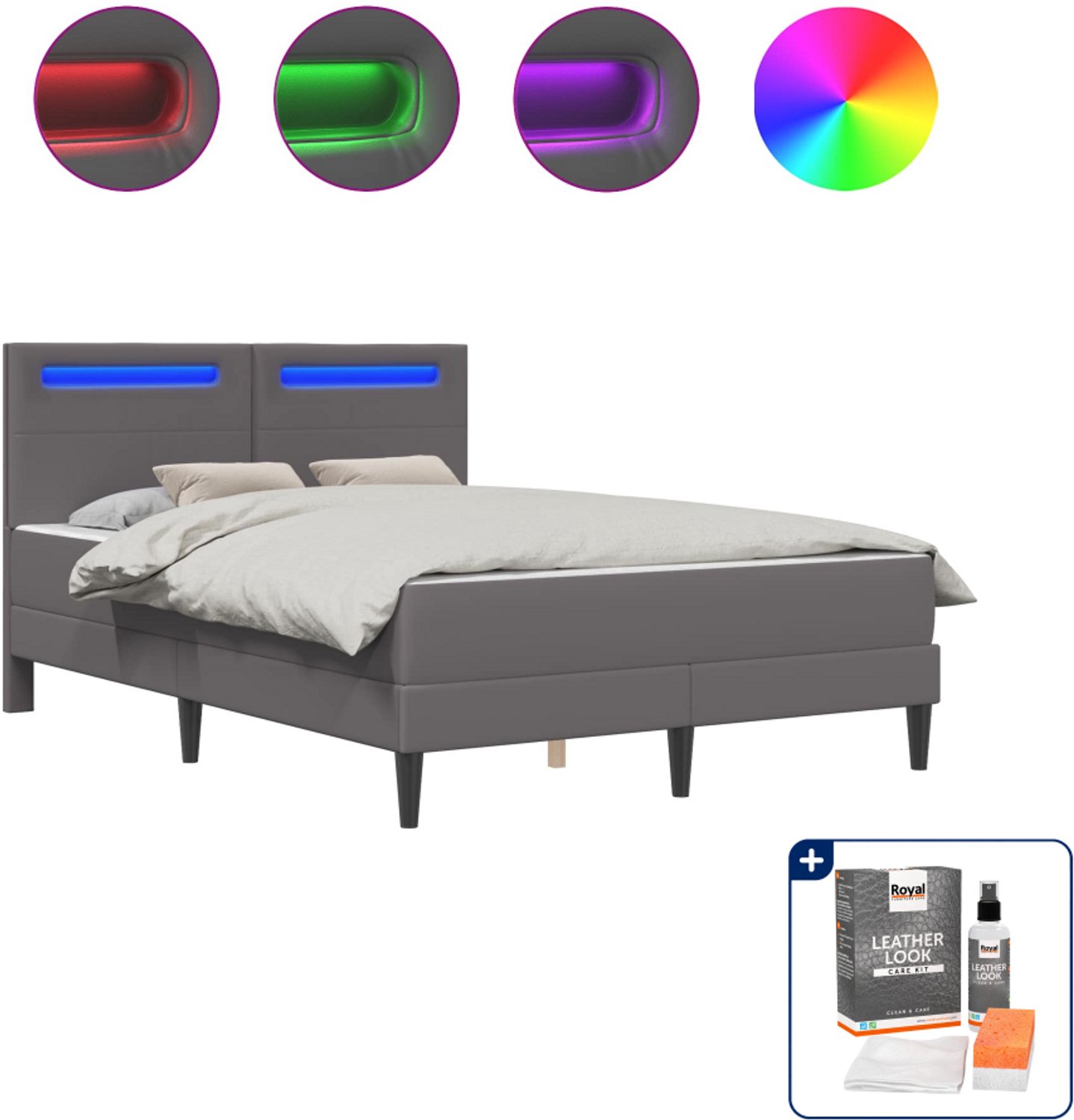 vidaXL Bedframe met matras - 140 x 190 cm - kunstleer - grijs - Inclusief onderhoudsset voor kunstleer 150 ml