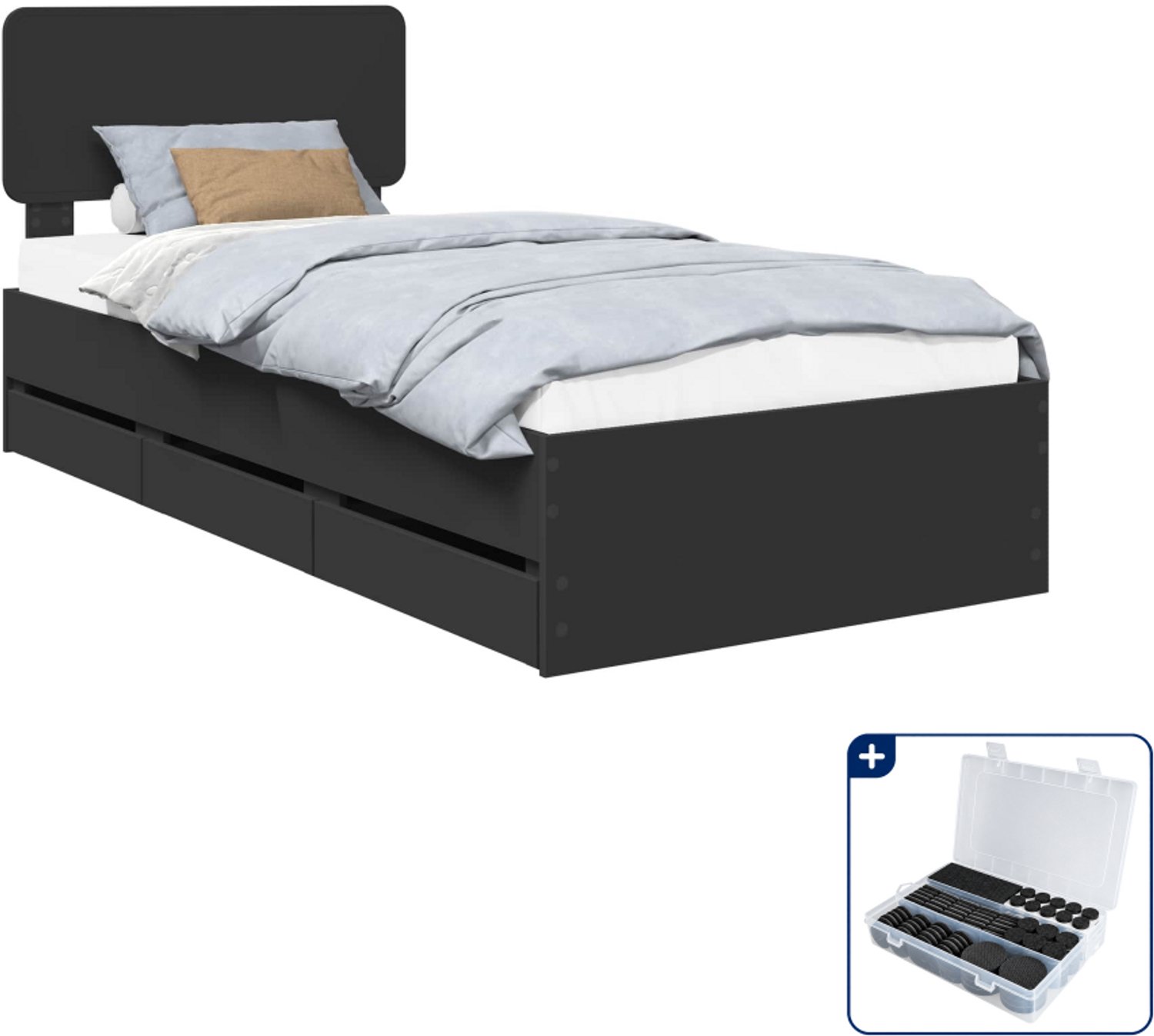 vidaXL bedframe - 75 x 190 cm - bewerkt hout - zwart - Inclusief antikrasvilt 177-delig Blauw