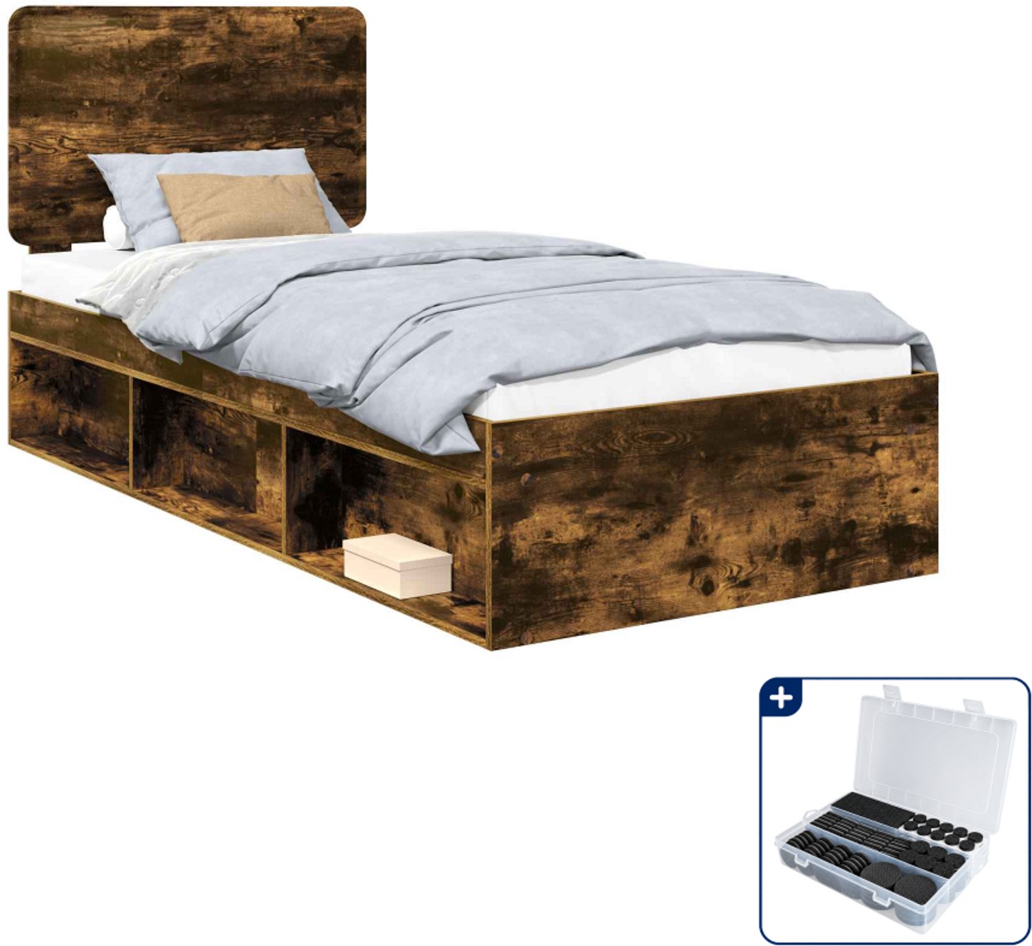 vidaXL Bedframe - 100 x 200 cm - bewerkt hout - gerookt eiken - Inclusief antikrasvilt 177-delig Grijs
