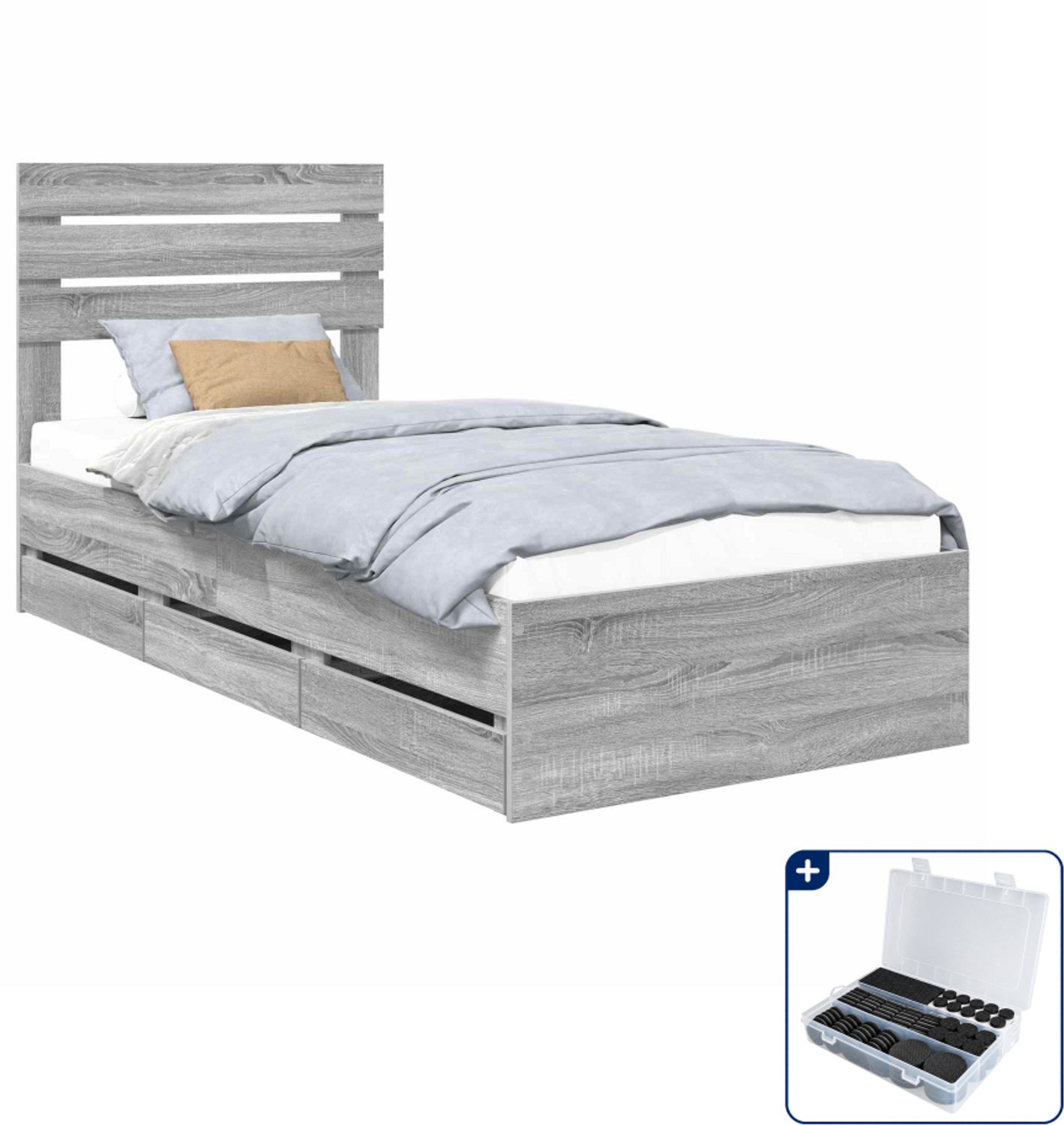 vidaXL Bedframe met lade - 90 x 200 cm - bewerkt hout - grijs sonoma - Inclusief antikrasvilt 177-delig Bruin