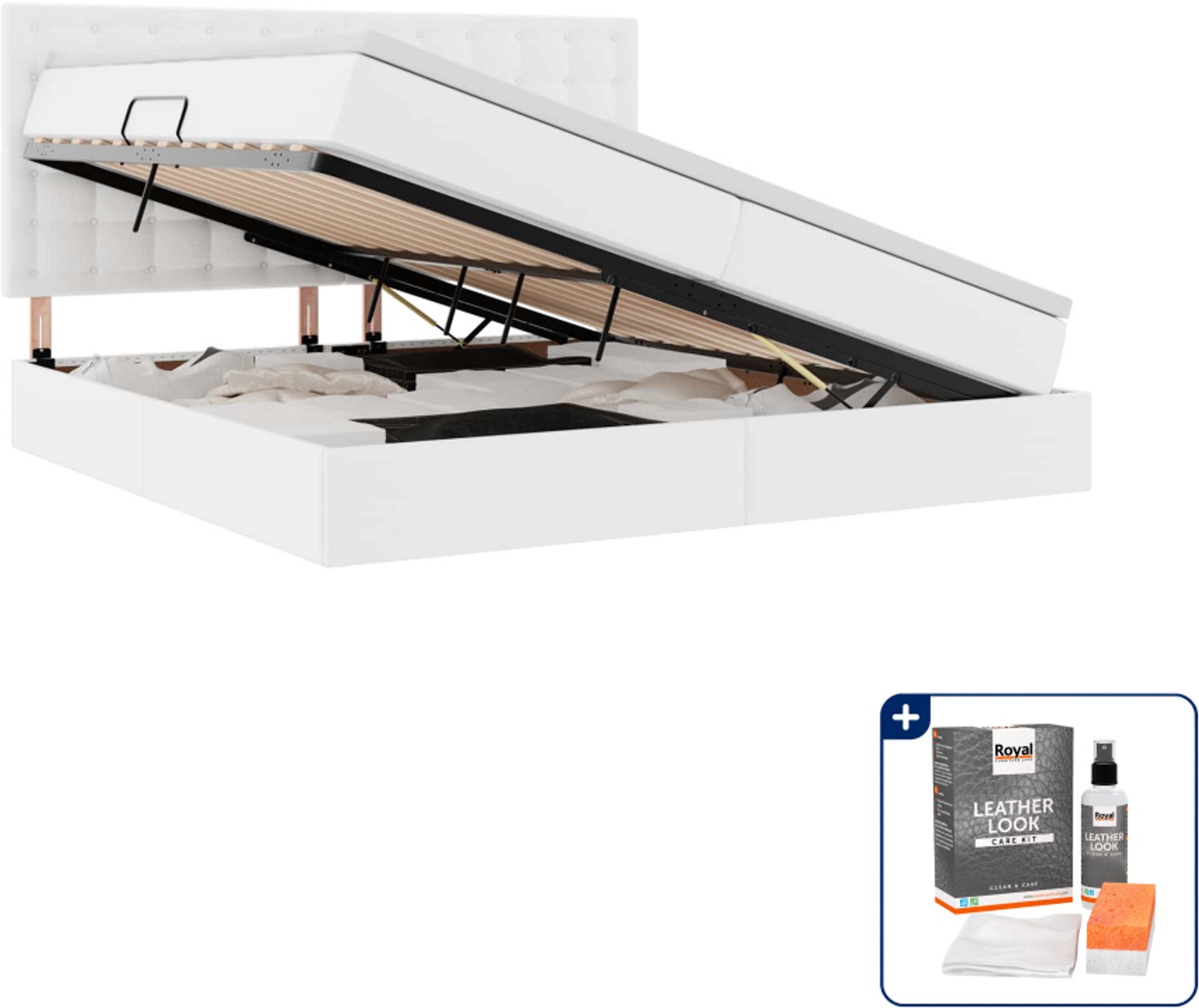 vidaXL opbergbed met LED - 200 x 200 cm - kunstleer - puur wit - Inclusief onderhoudsset voor kunstleer 150 ml