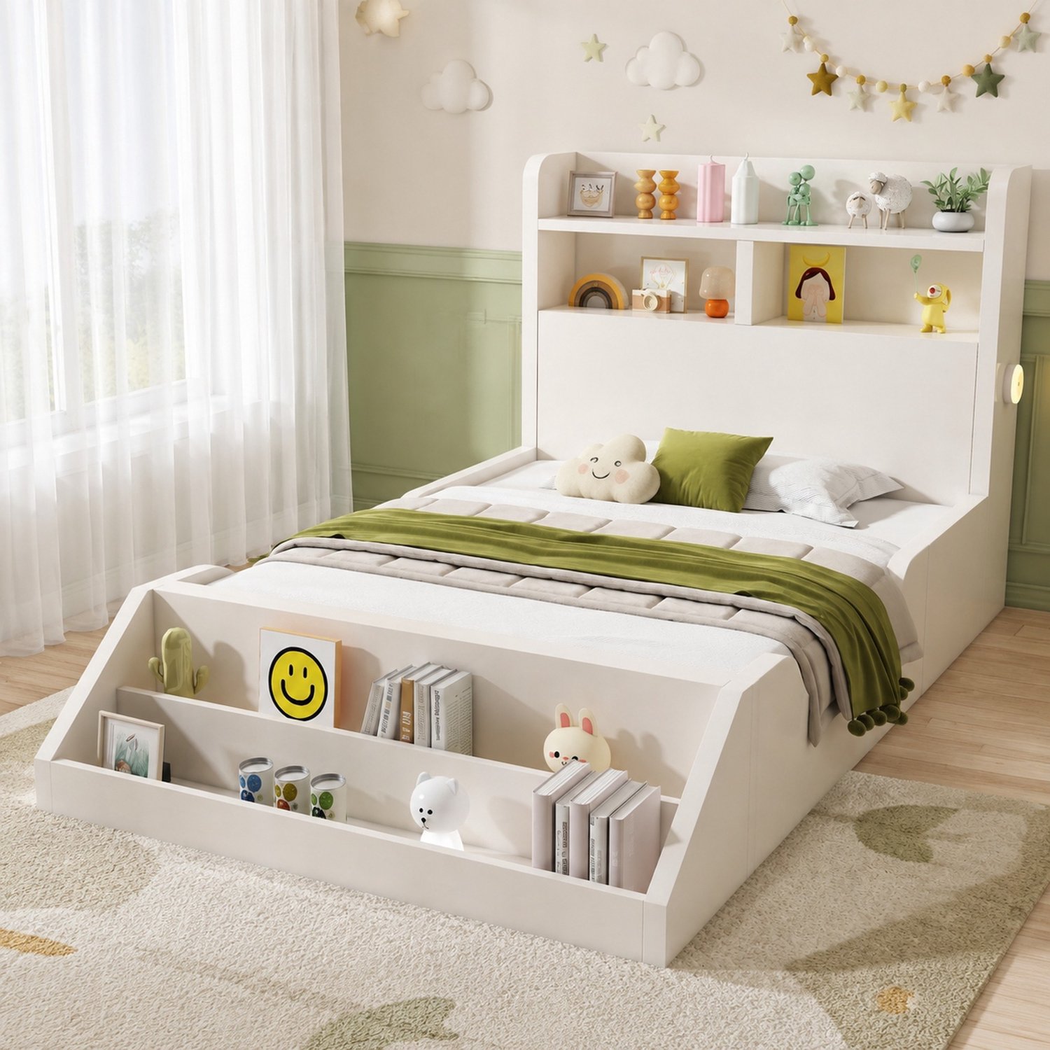 Maisentiel Wit eenpersoonsbed 90x200 cm met lattenbodem, boekenrek en nachtverlichting