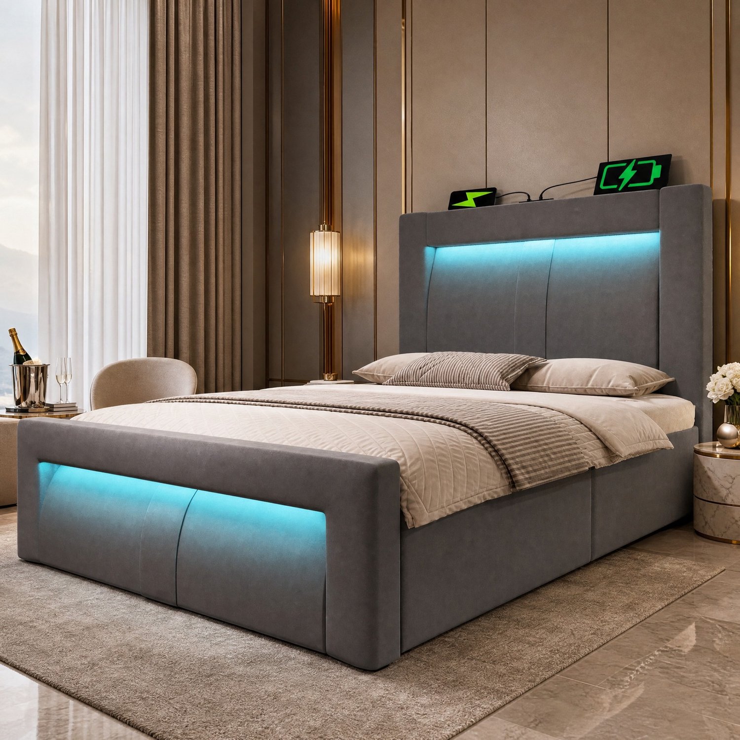Maisentiel Eenpersoonsbed 90x200 cm met opbergruimte, led en oplaadpunten - grijs