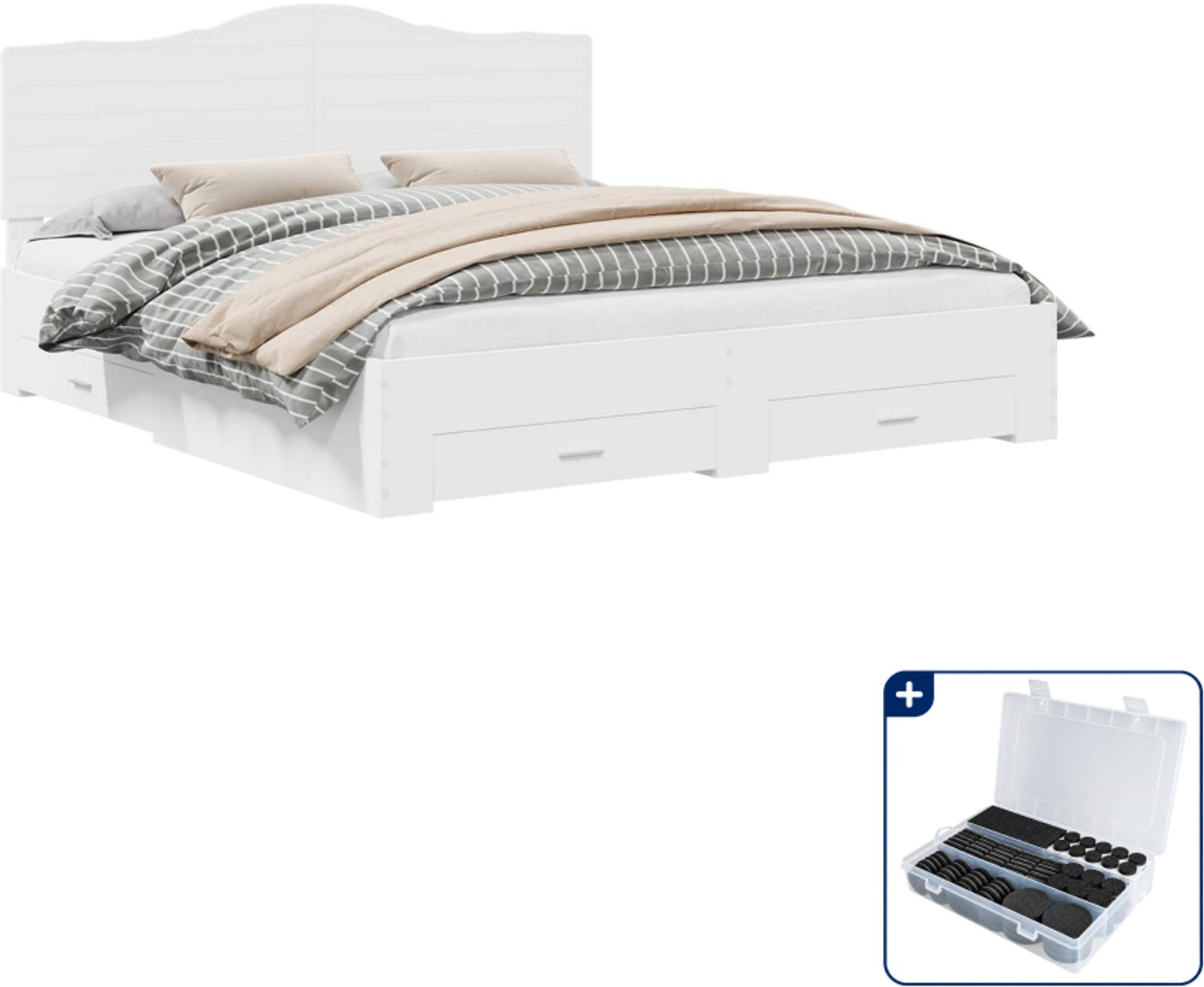 vidaXL bedframe met lade - Kingsize - 180 x 200 cm - bewerkt hout - wit - Inclusief antikrasvilt 177-delig