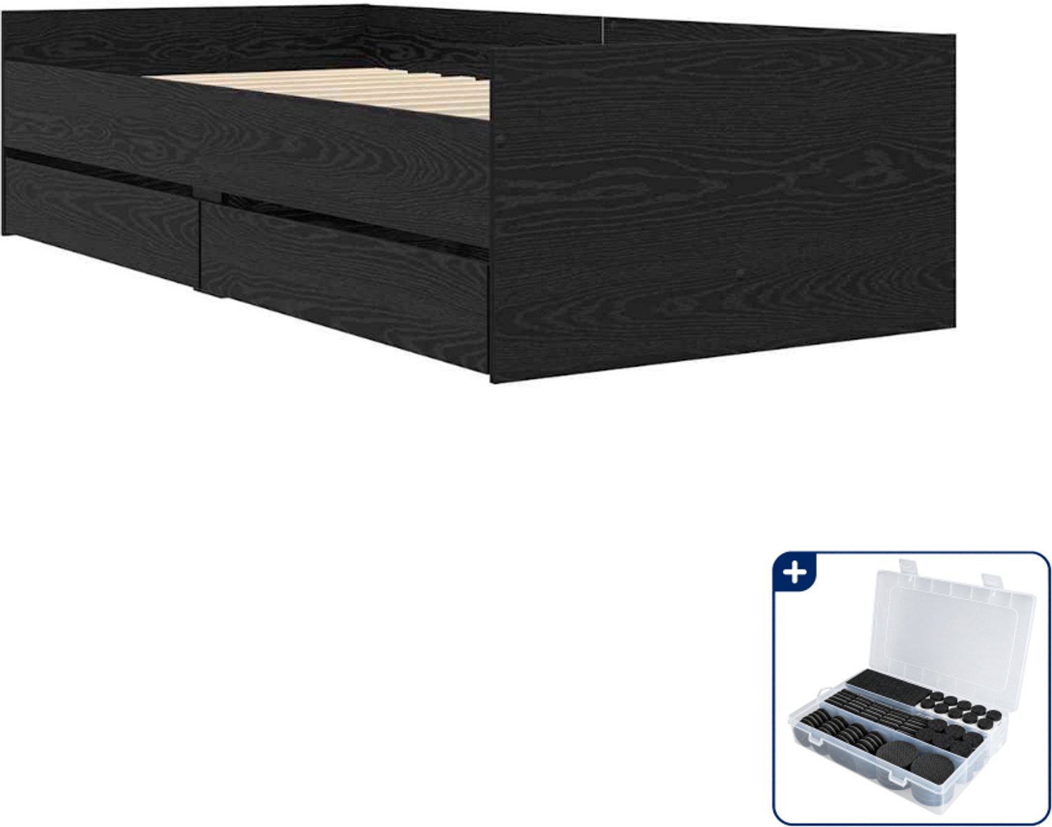 vidaXL bedframe met lade - 100 x 200 cm - massief grenenhout - zwart - Inclusief antikrasvilt 177-delig