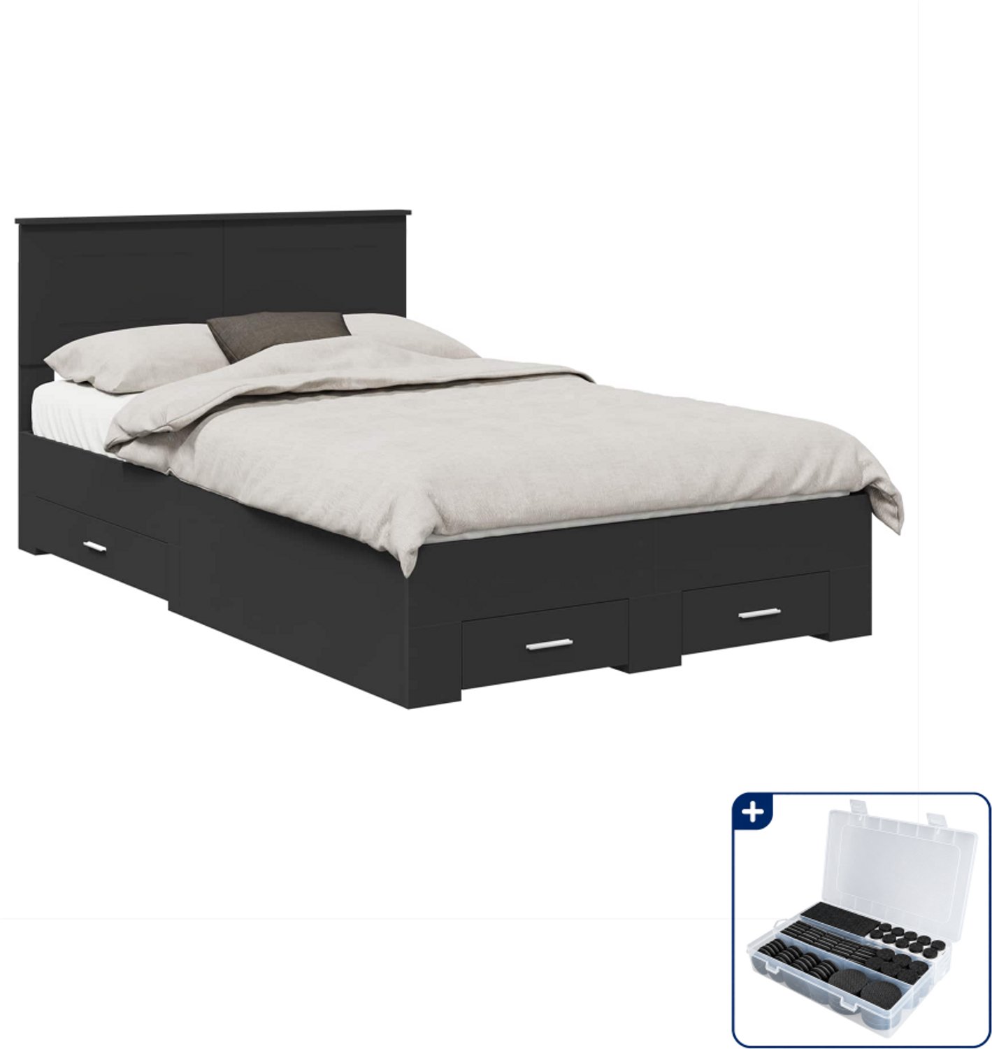 vidaXL bedframe - 135 x 190 cm - bewerkt hout - zwart - Inclusief antikrasvilt 177-delig