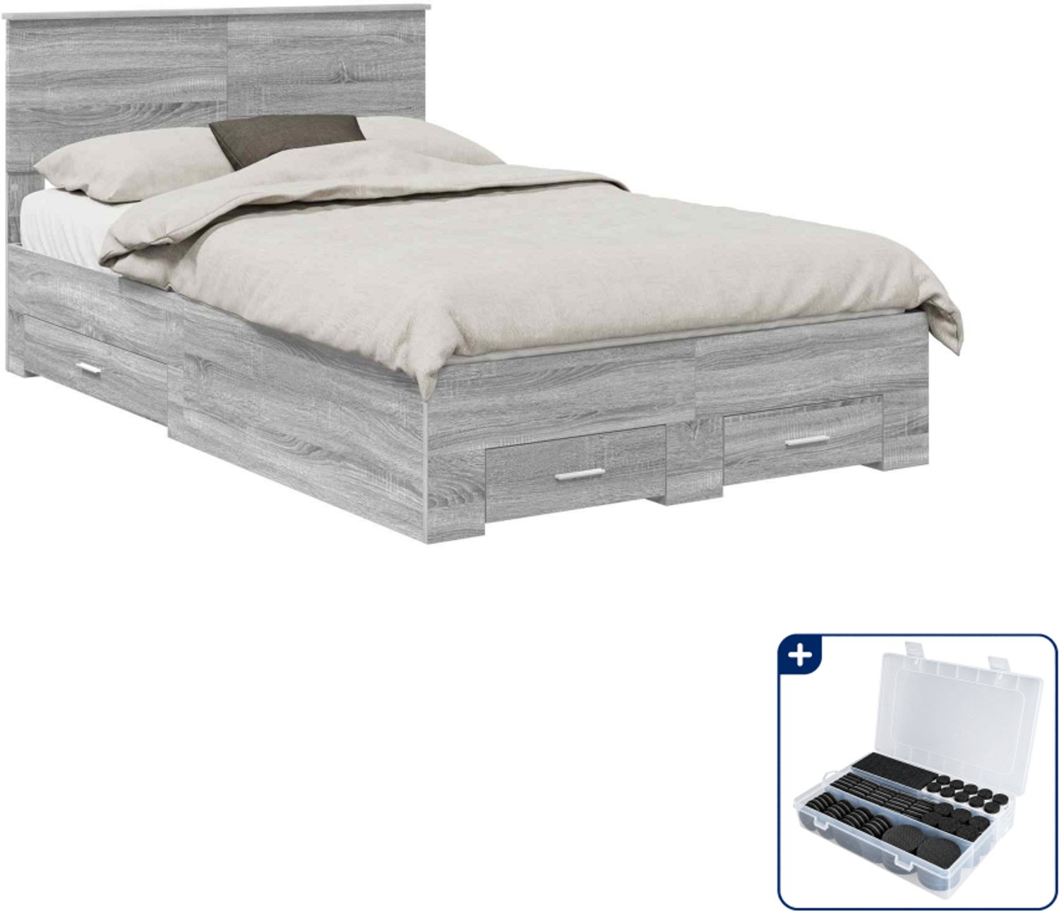 vidaXL bedframe - 135 x 190 cm - bewerkt hout - grijs sonoma - Inclusief antikrasvilt 177-delig Bruin
