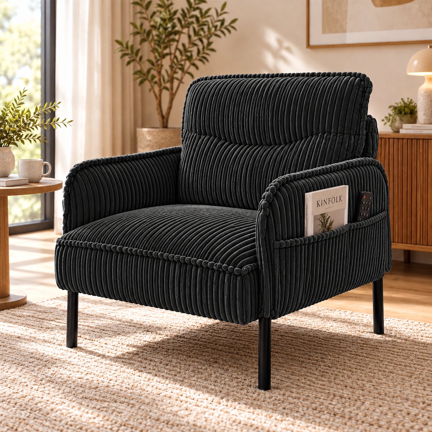 FloraGrace Fauteuil 69 x 73 x 83 cm - 1 Zitplaats met Zijvakken en Hoge Rugleuning - Voor Woonkamer en Slaapkamer - Ribstof en Metaal - Zwart