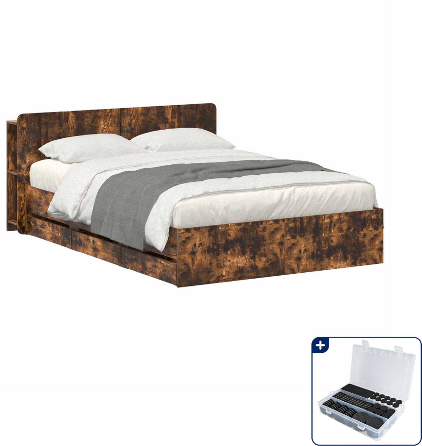 vidaXL Bedframe - 135 x 190 cm - bewerkt hout - gerookt eiken - Inclusief antikrasvilt 177-delig Bruin