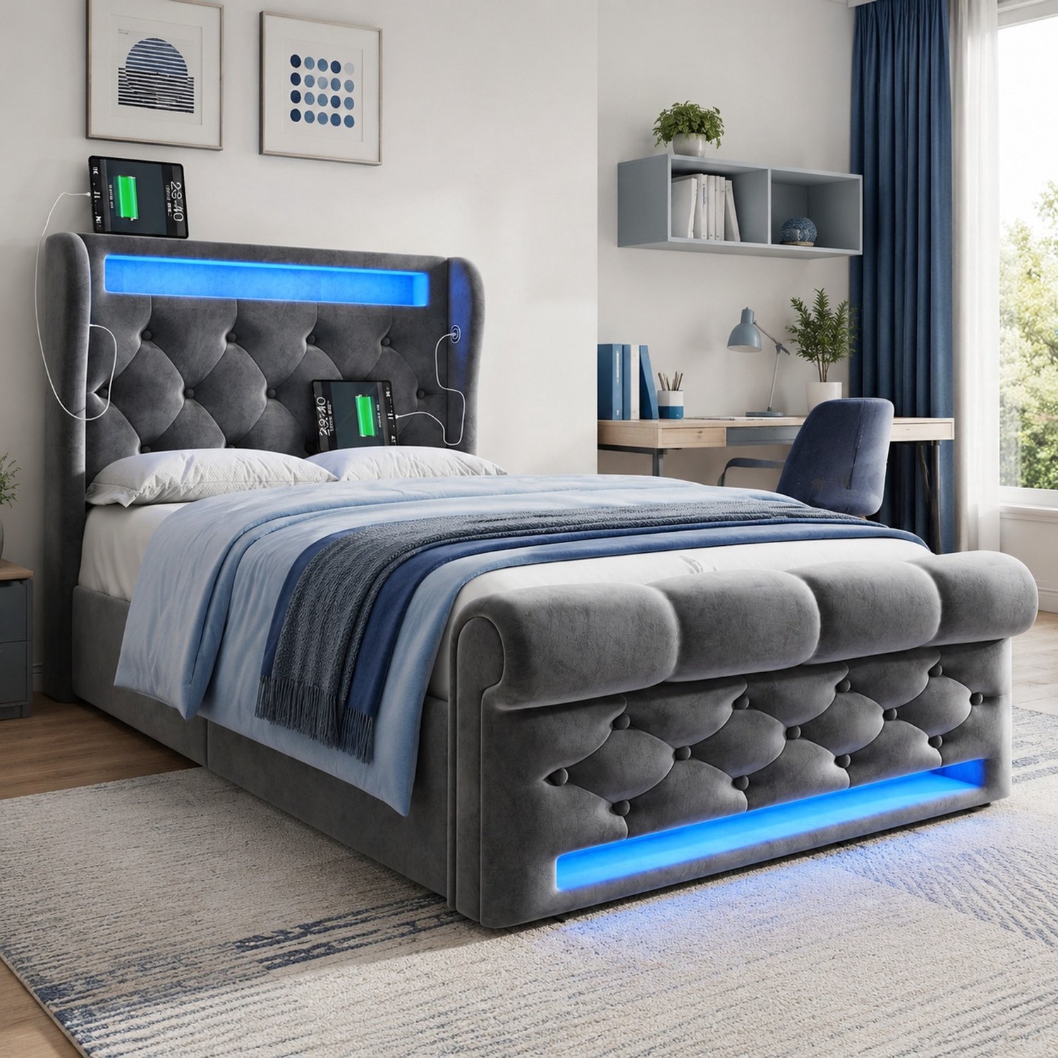Maisentiel Eenpersoonsbed 90 x 200 cm met opbergruimte, ledverlichting en USB - grijs fluweel