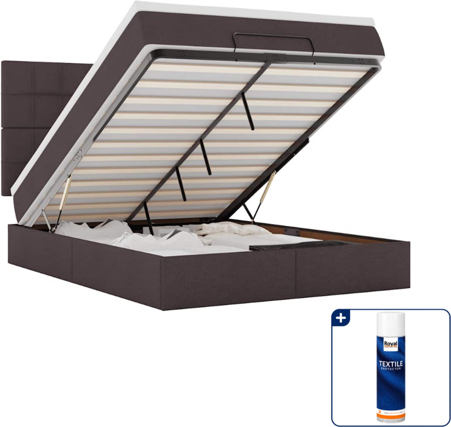 vidaXL Ottoman bed - Small double - 140 x 200 cm - donkerbruin - Inclusief textielbeschermer 500 ml Grijs