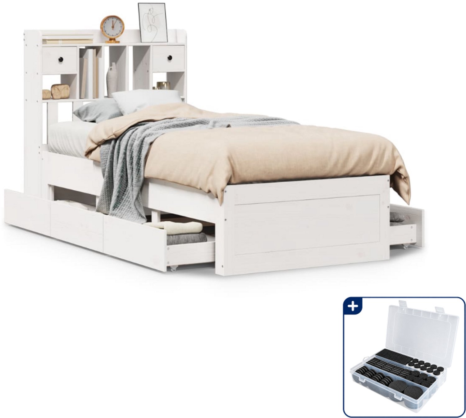 vidaXL bed met boekenkast - 75 x 190 cm - grenenhout - wit - Inclusief antikrasvilt 177-delig Grijs