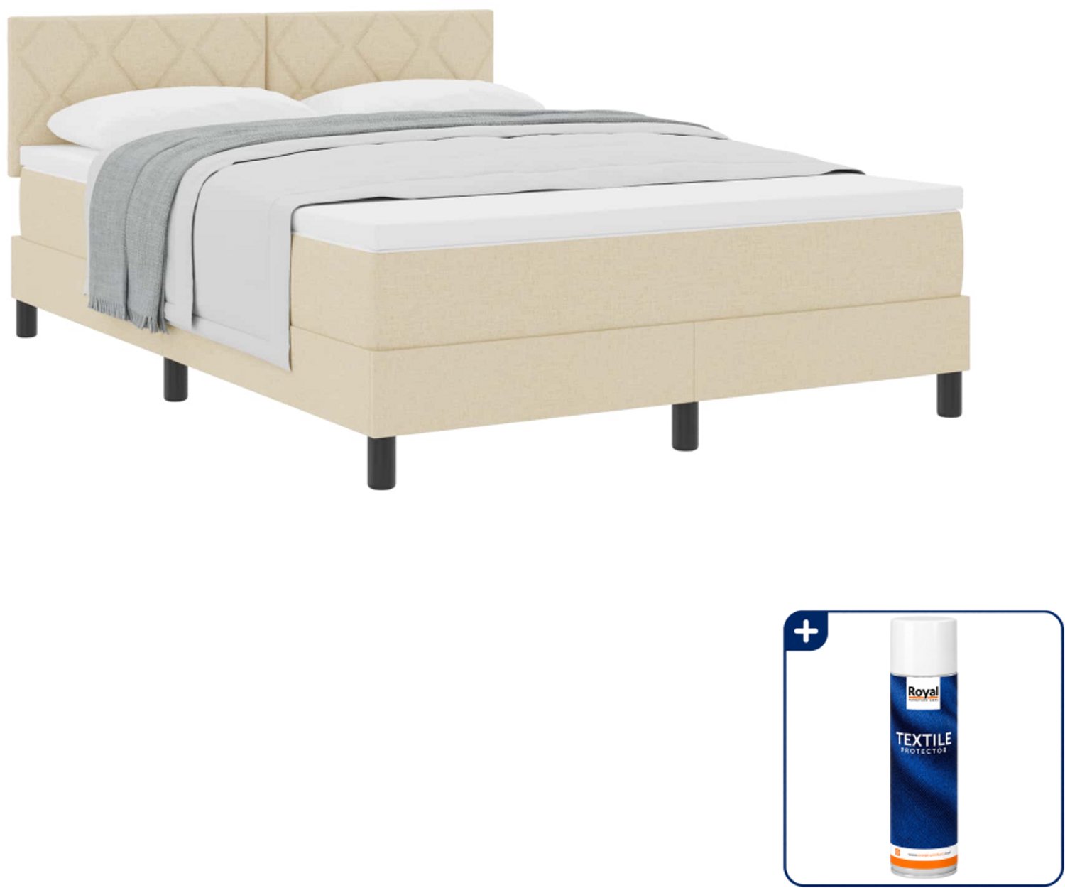 vidaXL boxspringbed - 140 x 190 cm - stof - crème - Inclusief textielbeschermer 500 ml