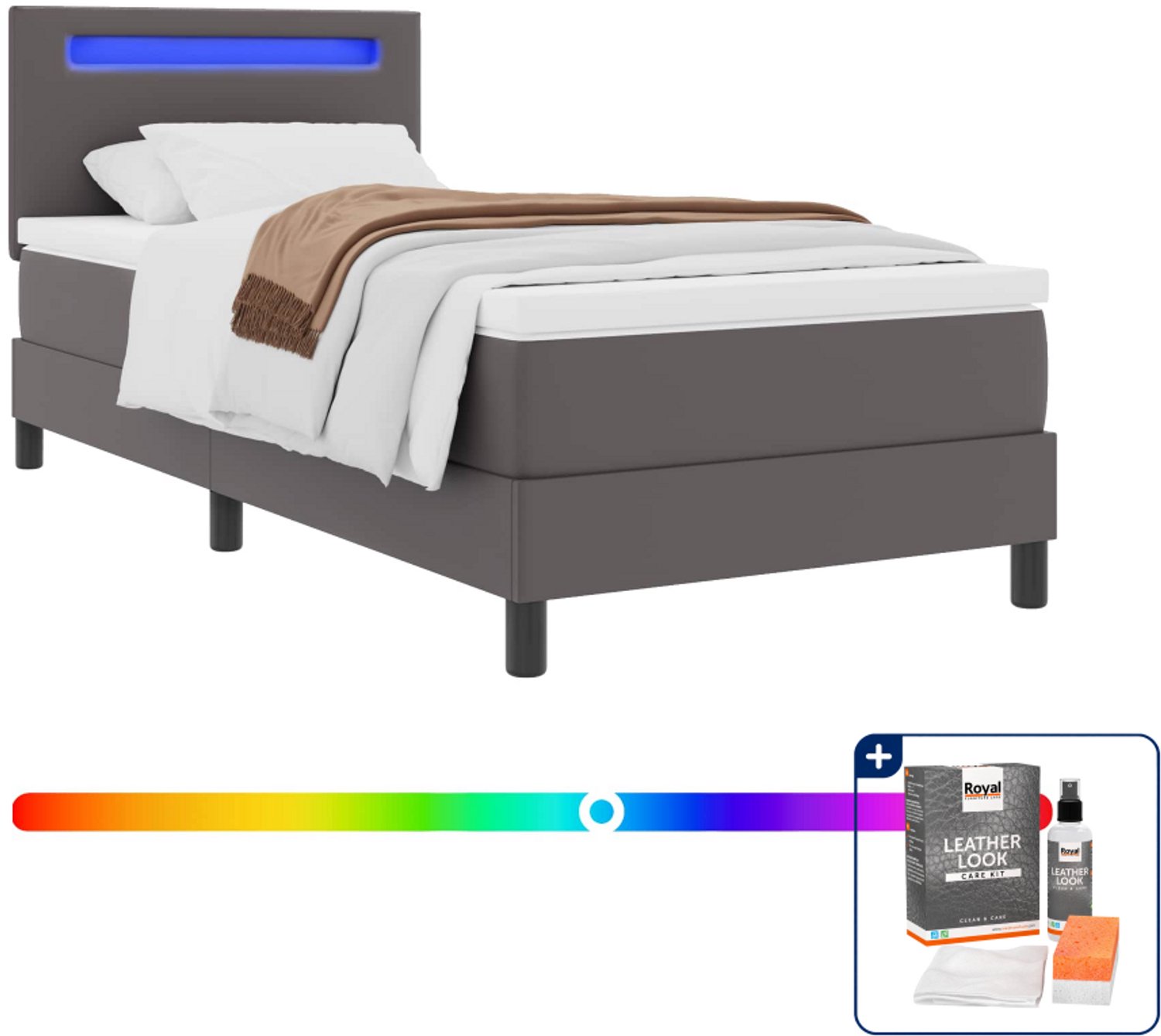 vidaXL boxspringbed met matras - 100 x 200 cm - kunstleer - grijs - Inclusief onderhoudsset voor kunstleer 150 ml