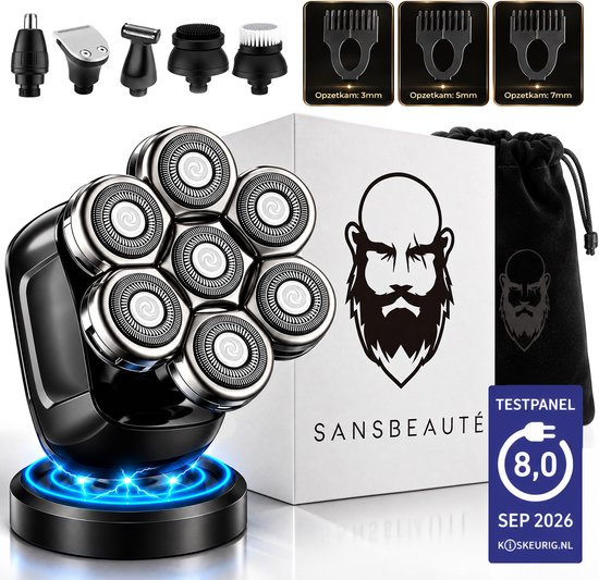 Sansbeauté 6-in-1 elektrisch scheerapparaat met zeven roterende scheerkoppen, opzetstukken, oplaadstation en opbergzak.