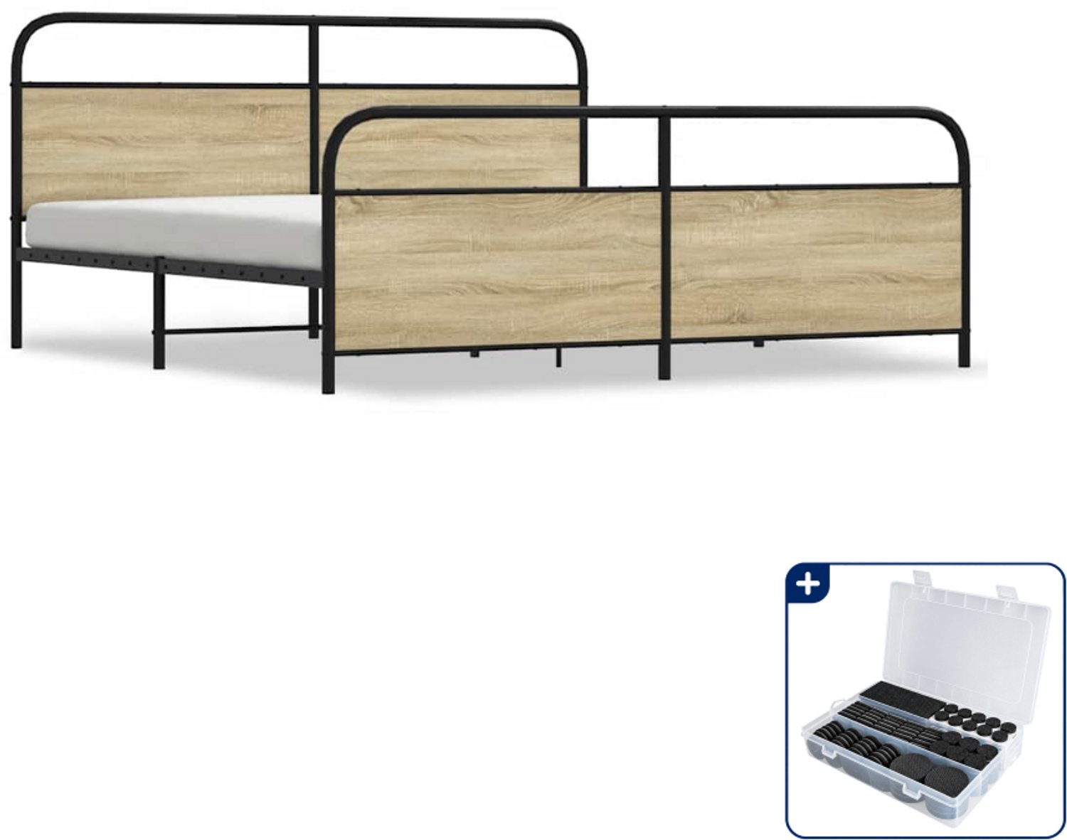 vidaXL bedframe - 183 x 213 cm - staal en bewerkt hout - sonoma eiken - Inclusief antikrasvilt 177-delig Bruin
