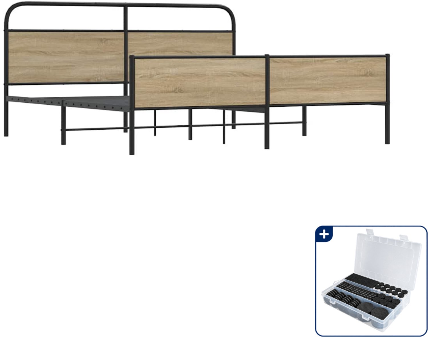 vidaXL Bedframe - 193 x 203 cm - staal en bewerkt hout - gerookt eiken - Inclusief antikrasvilt 177-delig Bruin