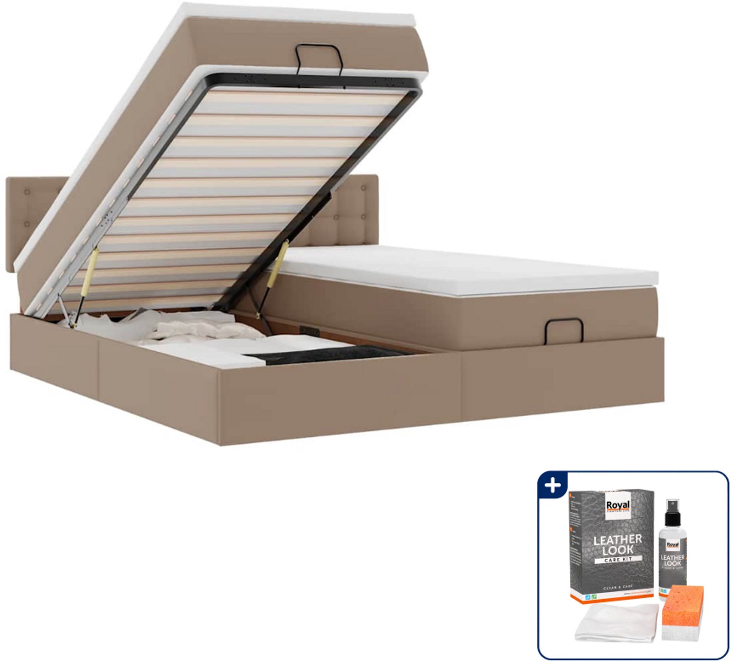 vidaXL ottoman bed met matras - 200x200 cm - kunstleer - cappuccino - Inclusief onderhoudsset voor kunstleer 150 ml Crème