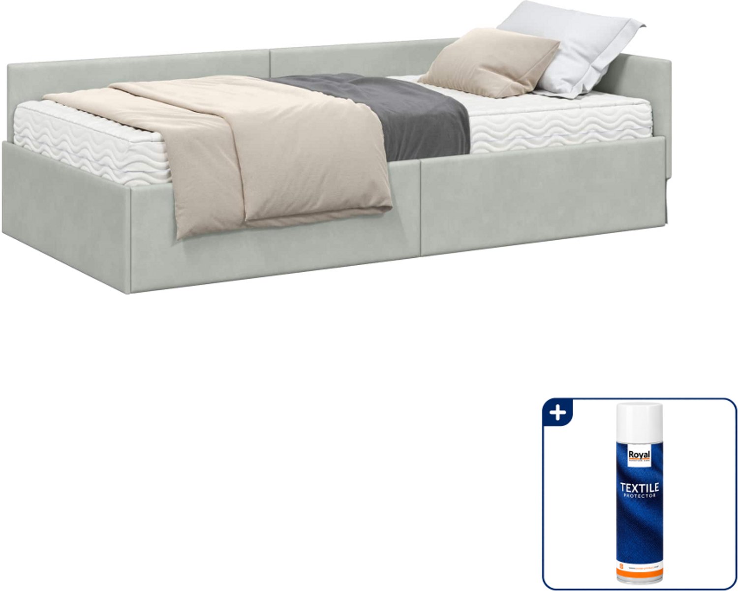 vidaXL hoekbedframe met matras - 80 x 200 cm - fluweel - lichtgrijs - Inclusief textielbeschermer 500 ml Bruin