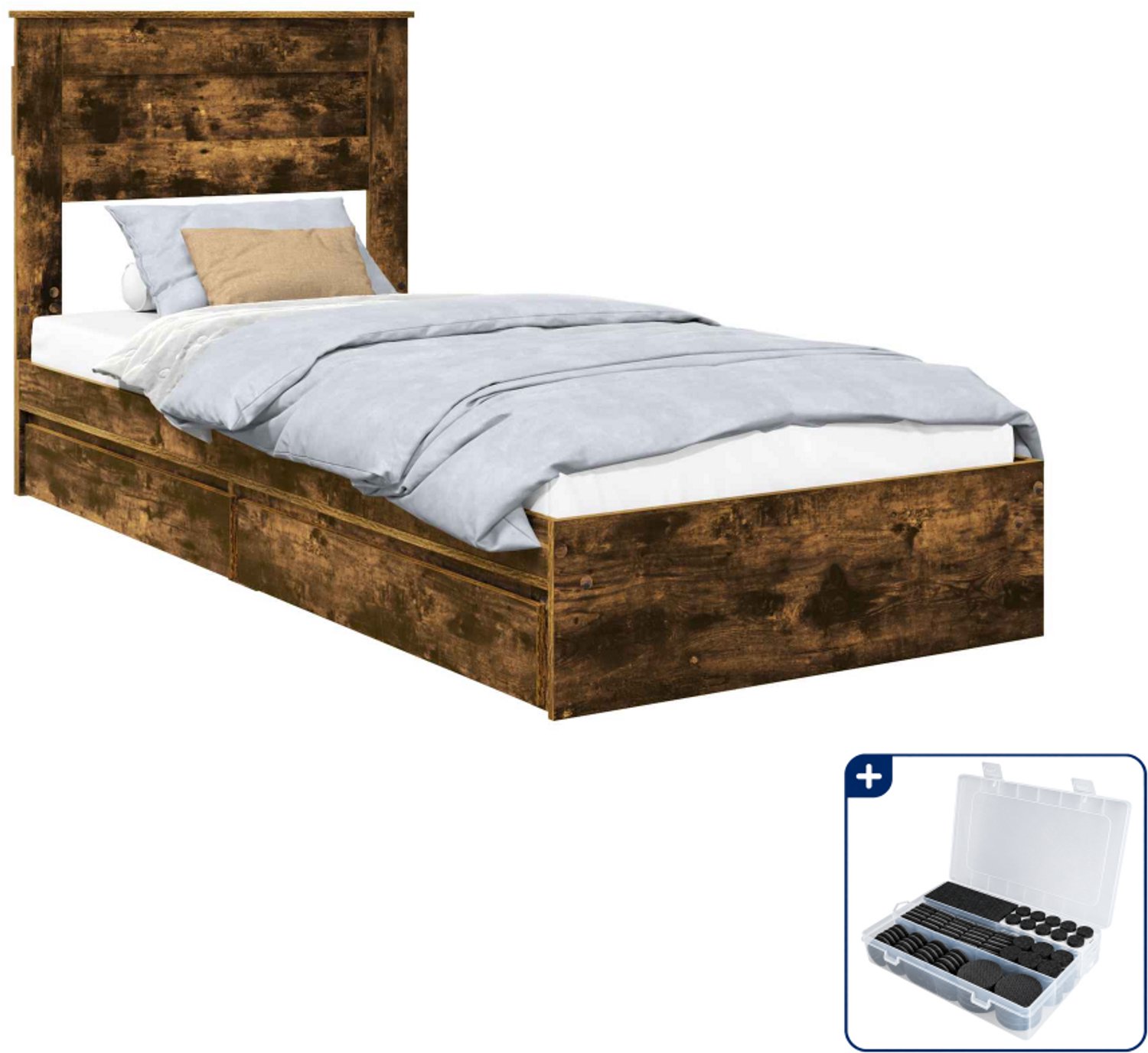 vidaXL bedframe - 75 x 190 cm - bewerkt hout - gerookt eiken - Inclusief antikrasvilt 177-delig Grijs