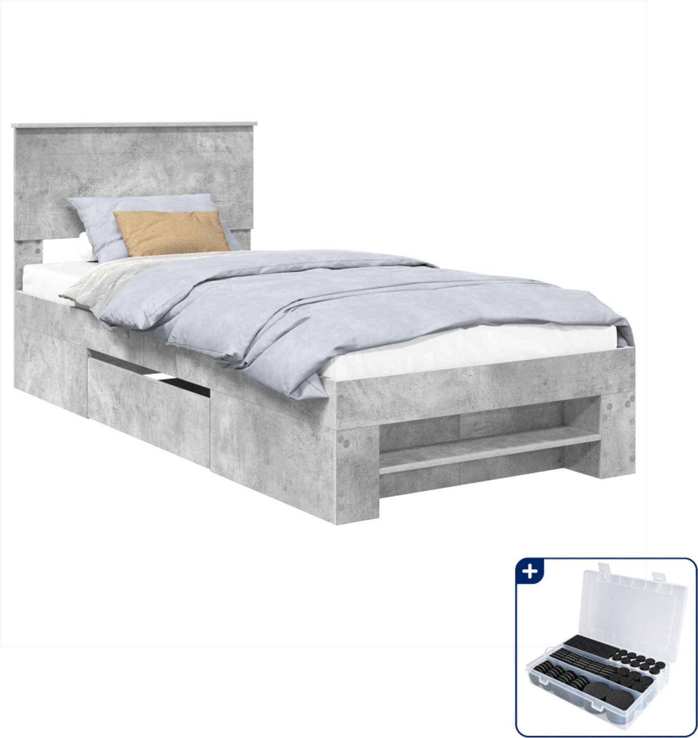 vidaXL bedframe met hoofdeinde - 100 x 200 cm - bewerkt hout - beton grijs - Inclusief antikrasvilt 177-delig