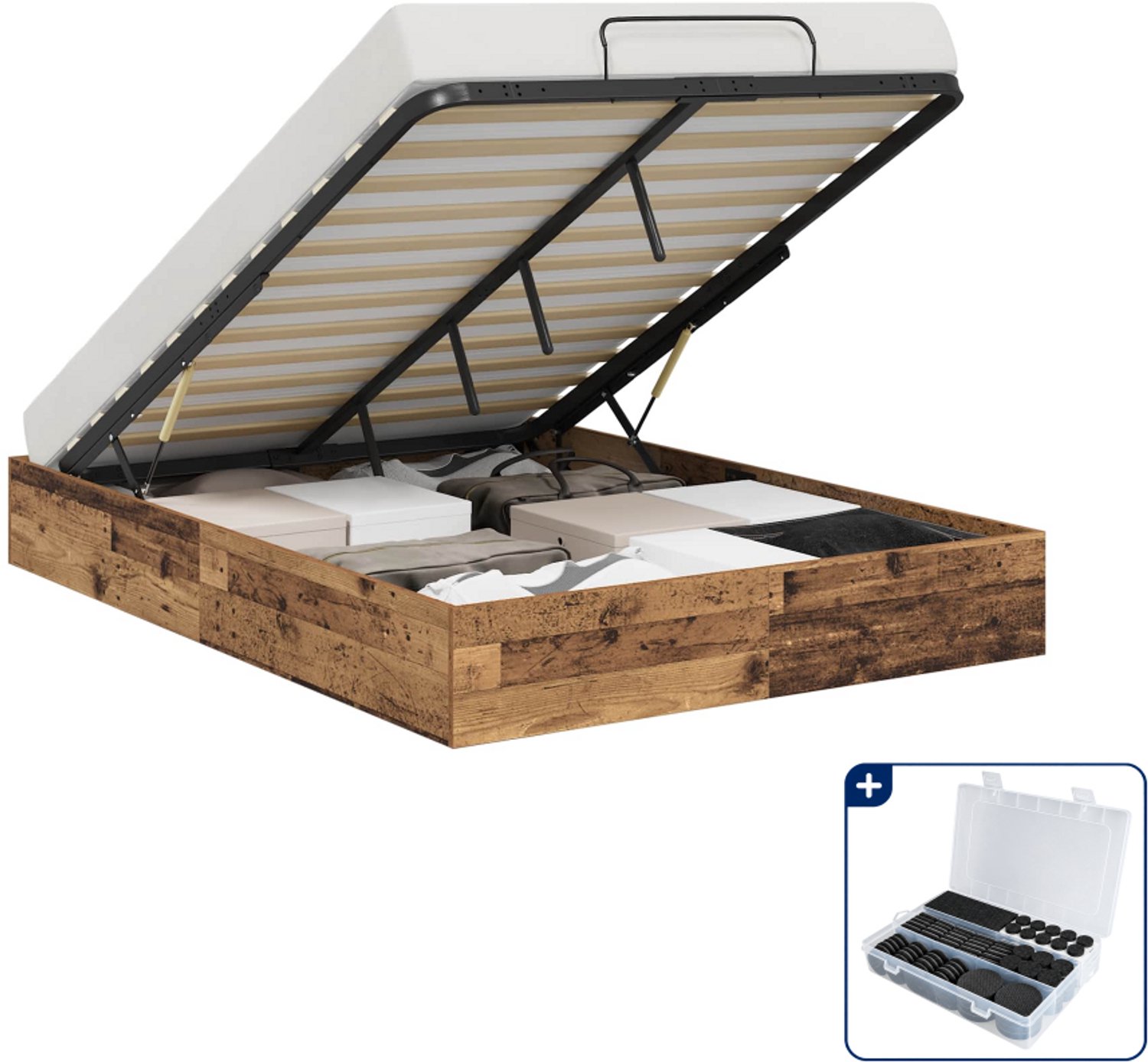vidaXL ottoman bedframe - 140 x 190 cm - bewerkt hout - oud hout - Inclusief antikrasvilt 177-delig Bruin