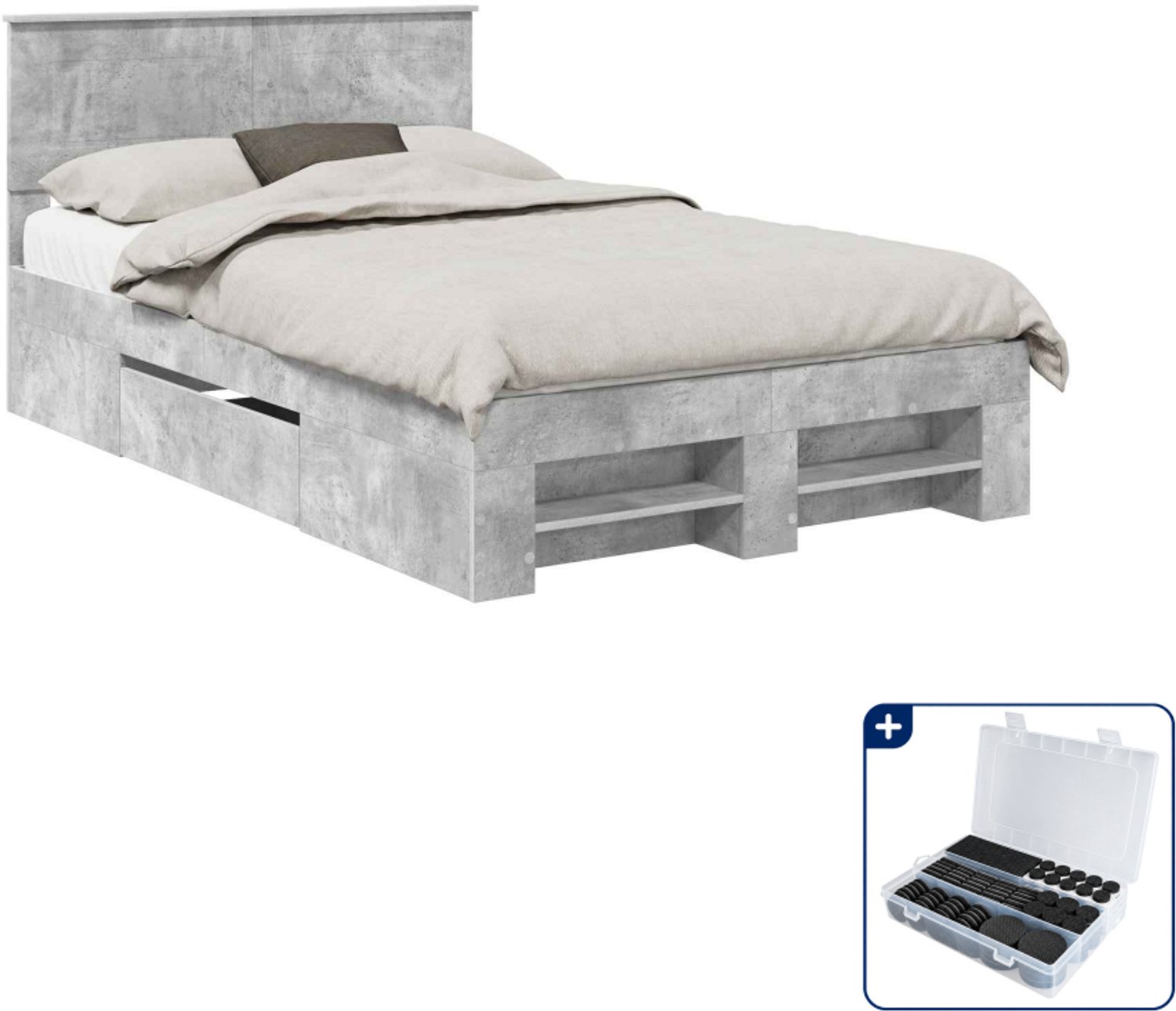 vidaXL bedframe - 135 x 190 cm - bewerkt hout - beton grijs - Inclusief antikrasvilt 177-delig