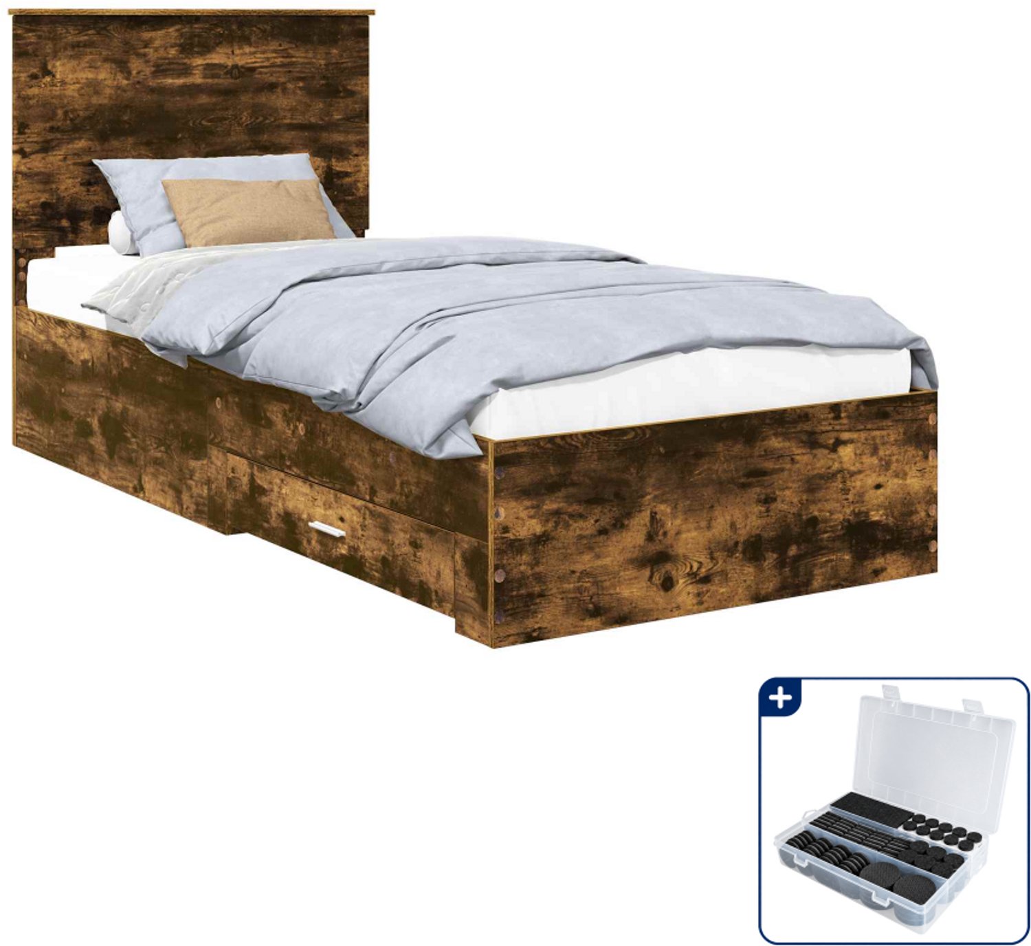 vidaXL bedframe - 90 x 200 cm - bewerkt hout - gerookt eiken - Inclusief antikrasvilt 177-delig Bruin