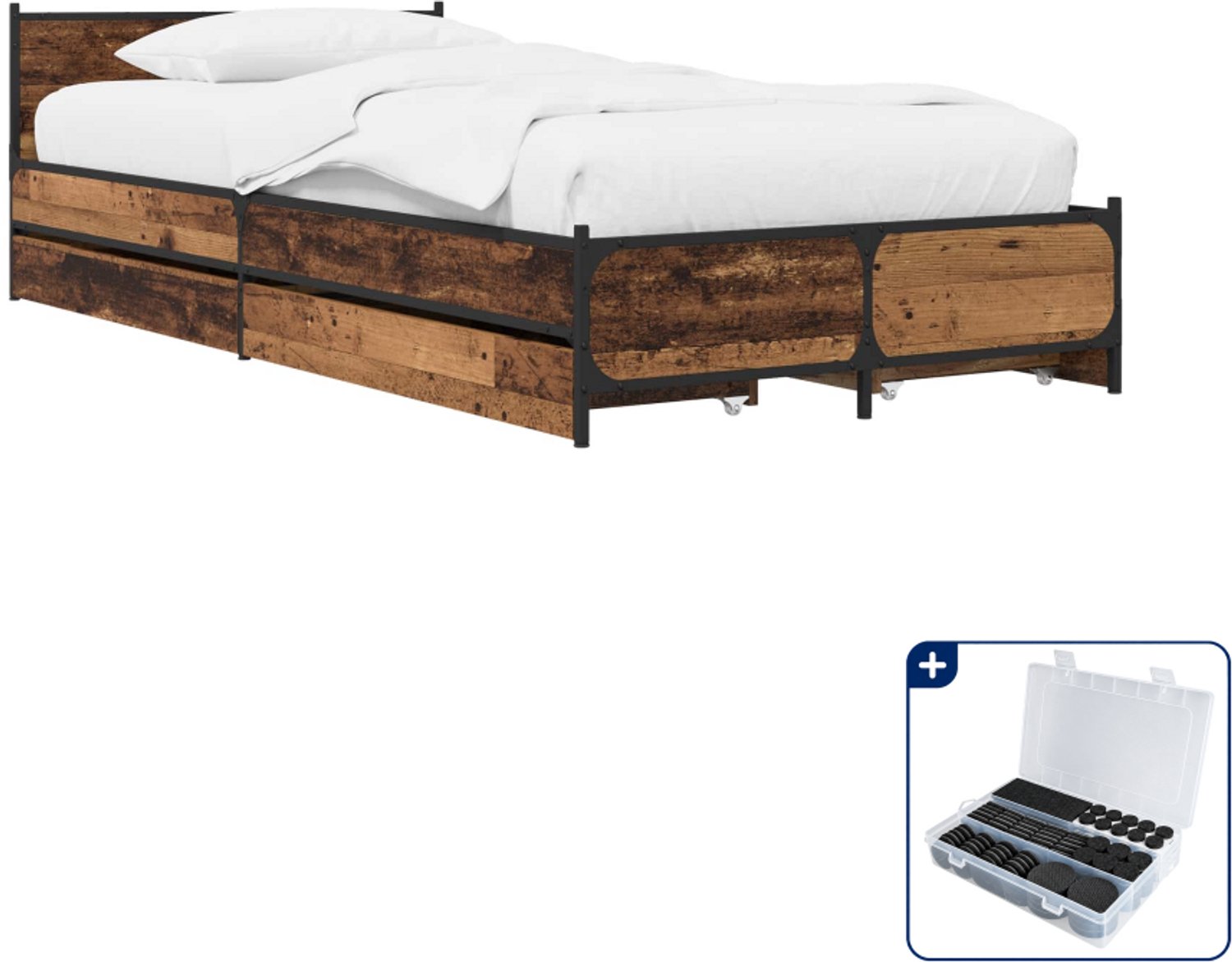 vidaXL bedframe met hoofdeinde - 80 x 200 cm - bewerkt hout - oud hout - Inclusief antikrasvilt 177-delig Bruin